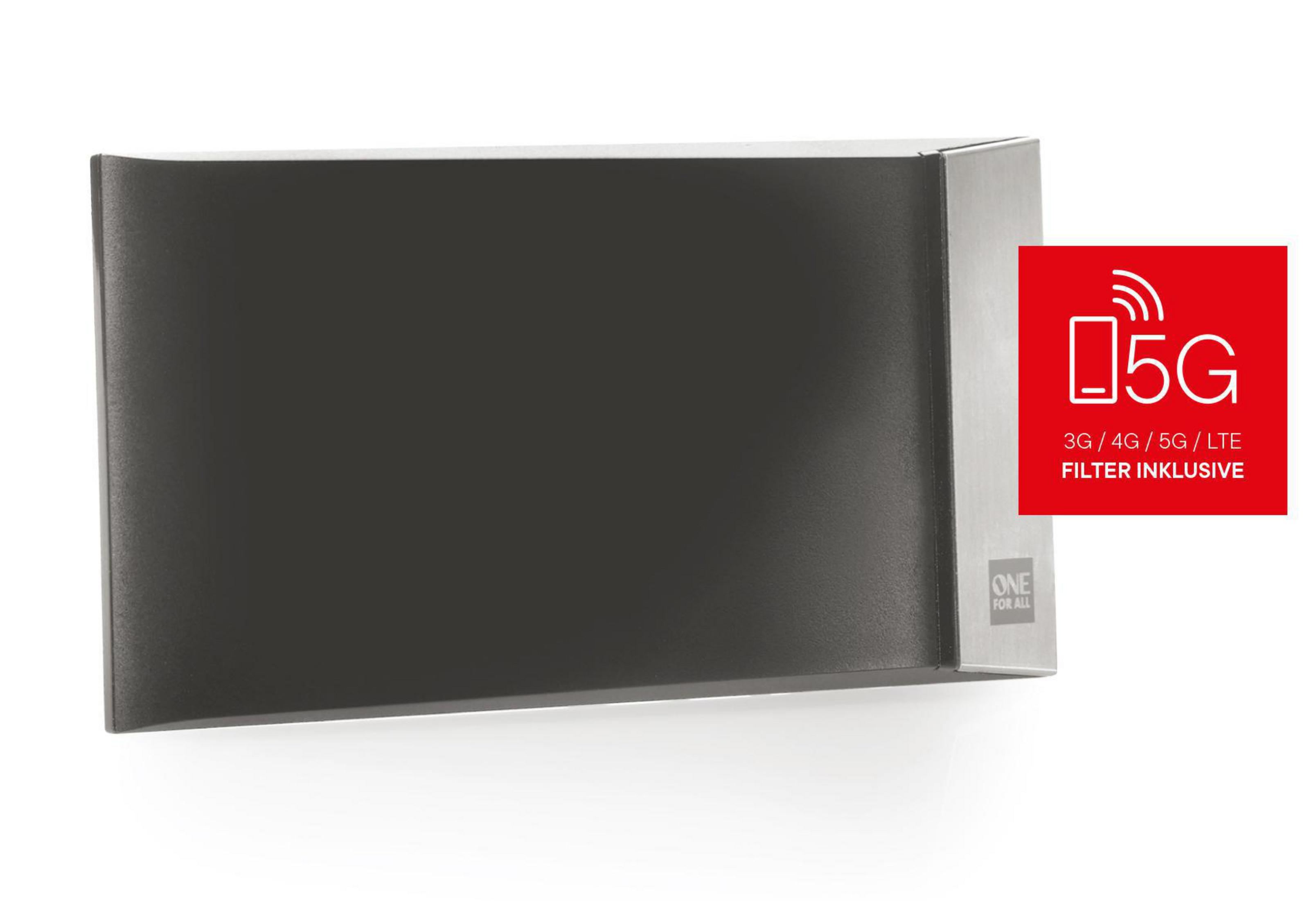 Czarne prostokątne urządzenie ze srebrną krawędzią i czerwonym logo 5G na białym tle.