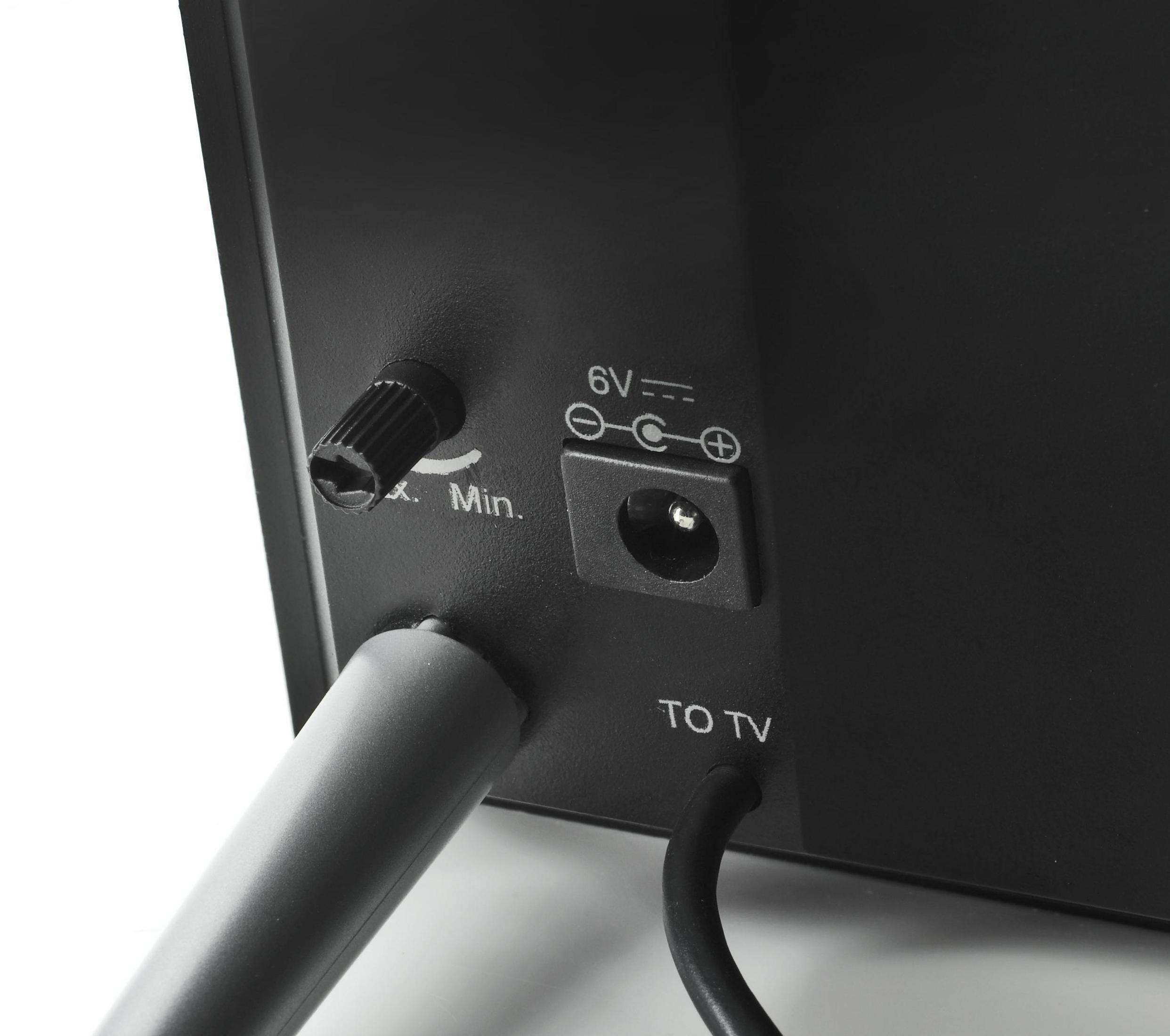 Widok z tyłu czarnego urządzenia z wejściami zasilania. Zawiera zasilacz i złącze.