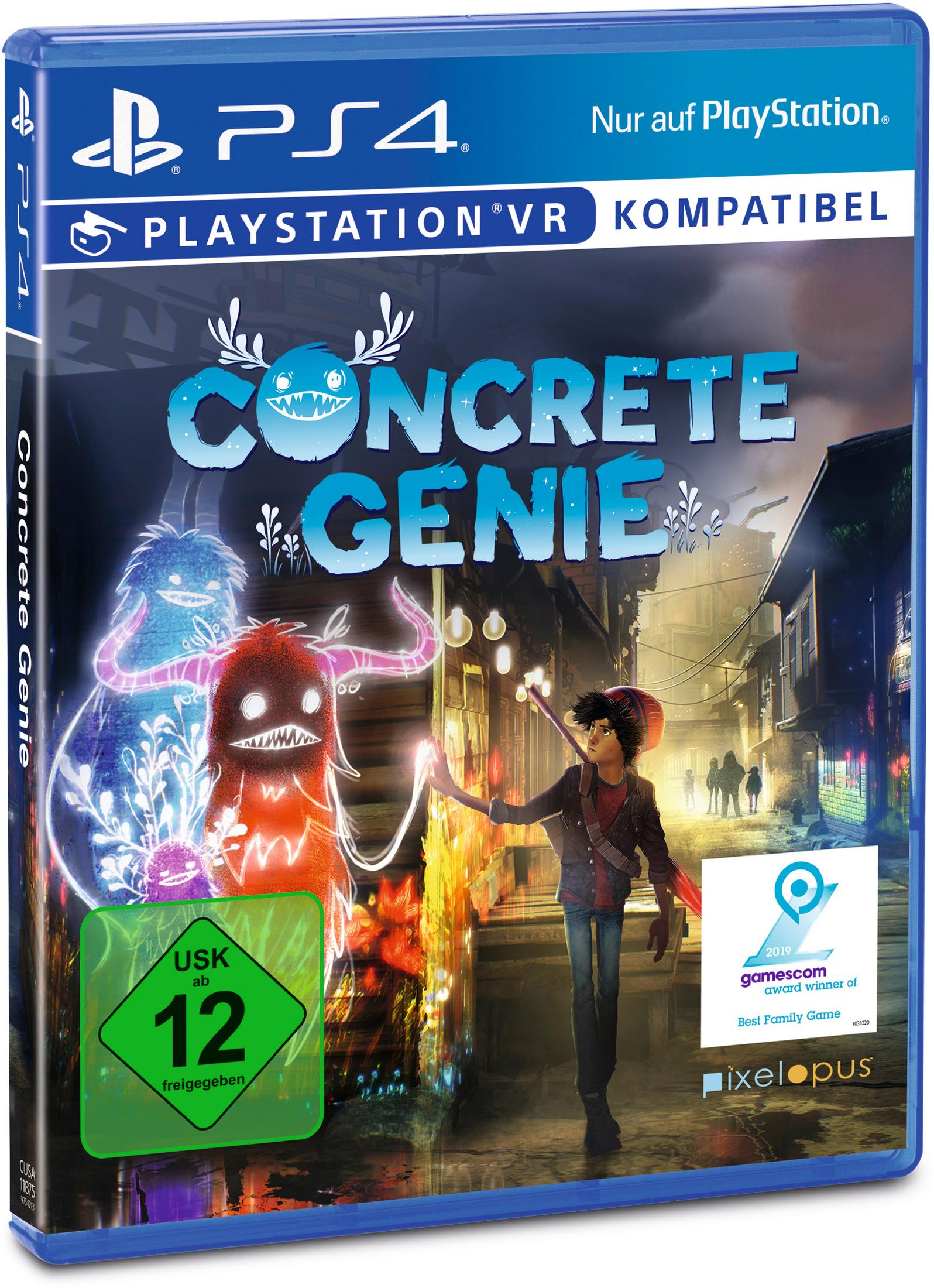 Concrete Genie PS4 Spielbox-Art mit illustrierten Charakteren und Stadtbild-Hintergrund.
