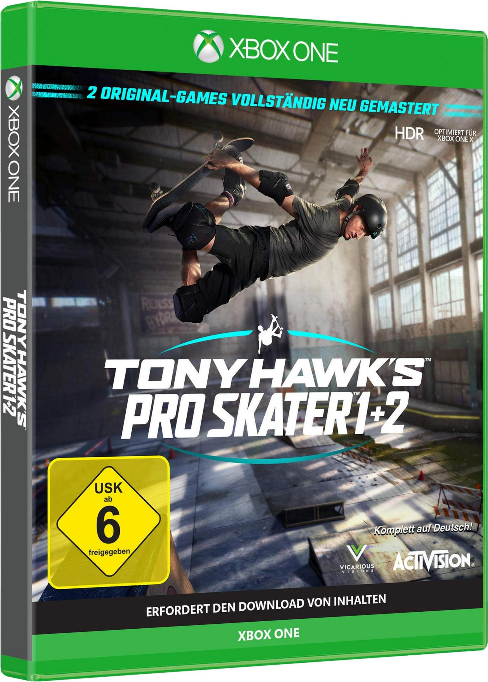 Pudełko z grą Tony Hawk's Pro Skater 1+2. Skateboardzista jest w powietrzu. Widoczne logo Xbox One.