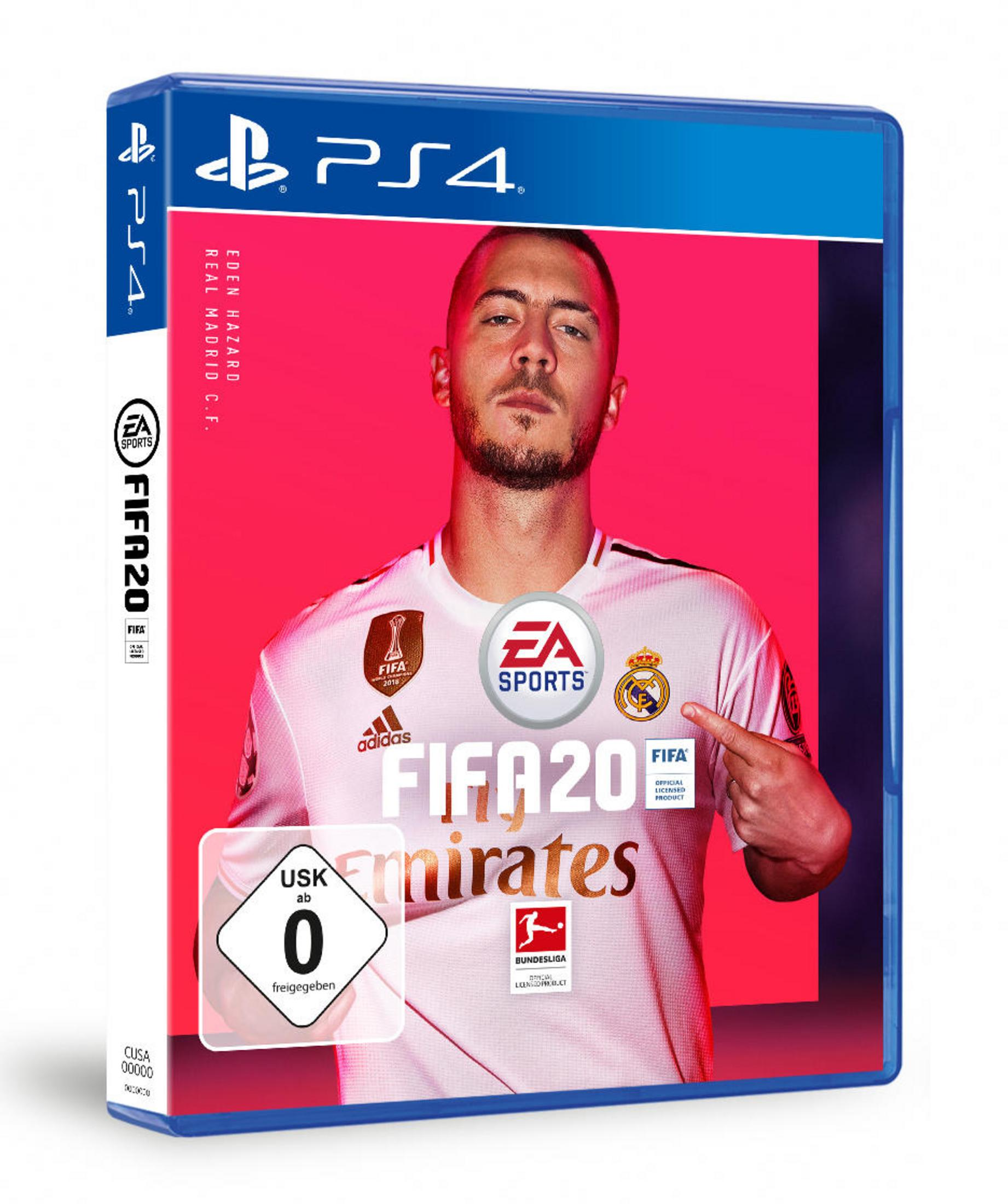 Spielcover mit einem Mann in einem weißen Trikot. Der Titel ist FIFA 20. Rosa Hintergrund.