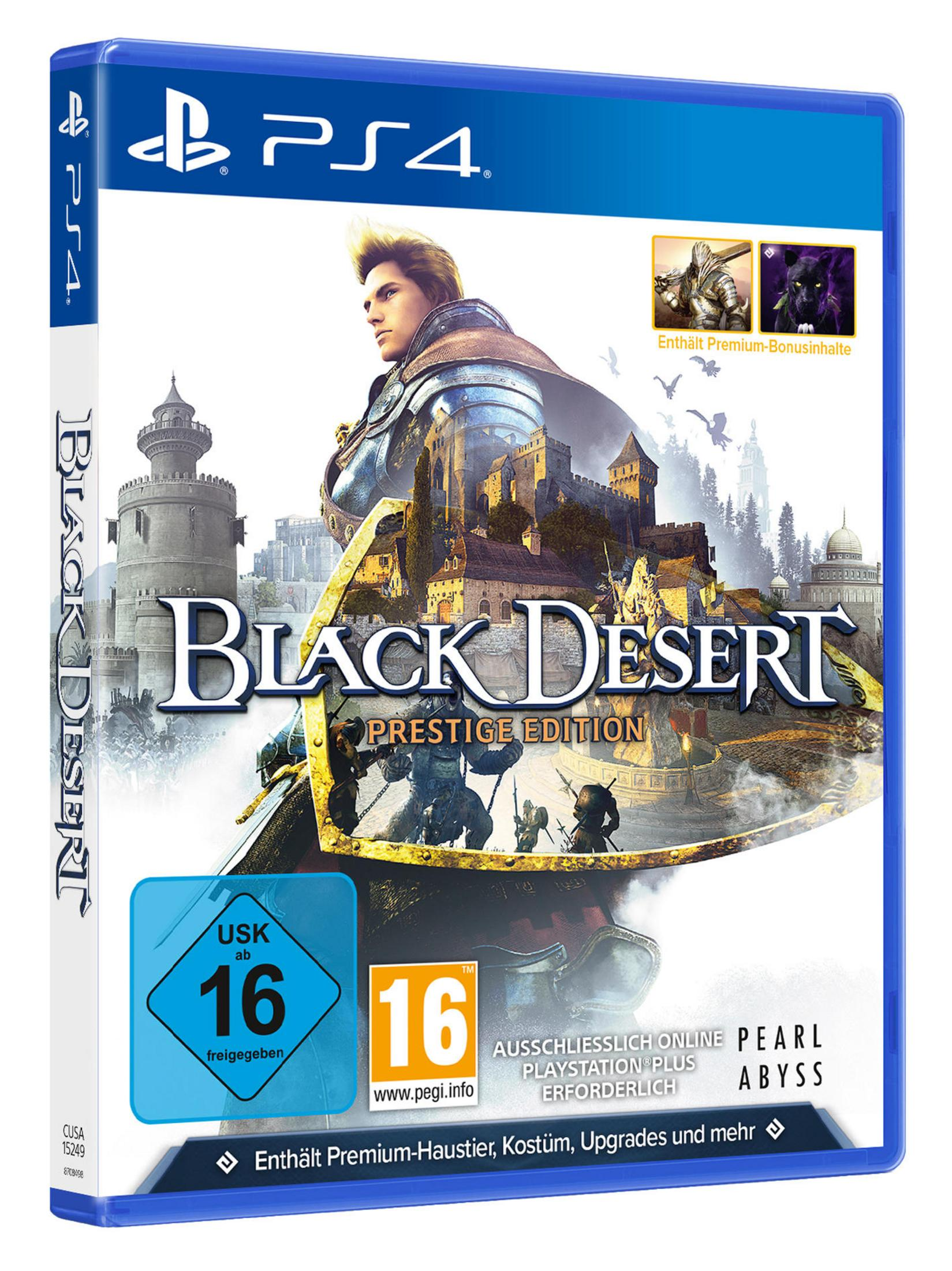 Black Desert Spielbox. Enthält einen Ritter, eine Burg und den Spieletitel. Hat PEGI 16 Bewertung.