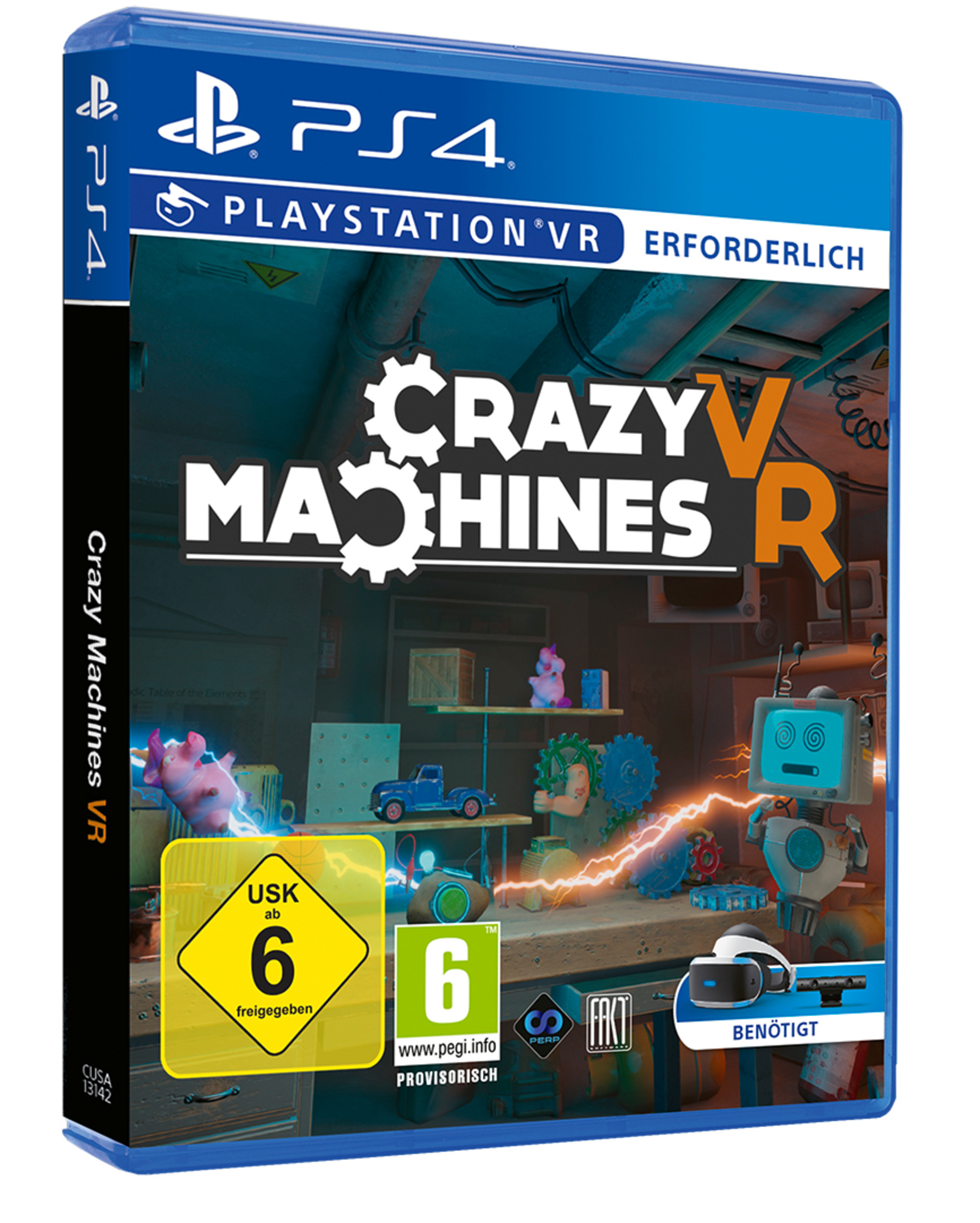 PS4-Spielbox für "Crazy Machines VR". Roboter auf dem Cover, mit Spielzeug und einem rosa Schwein. Ab 6 Jahren.
