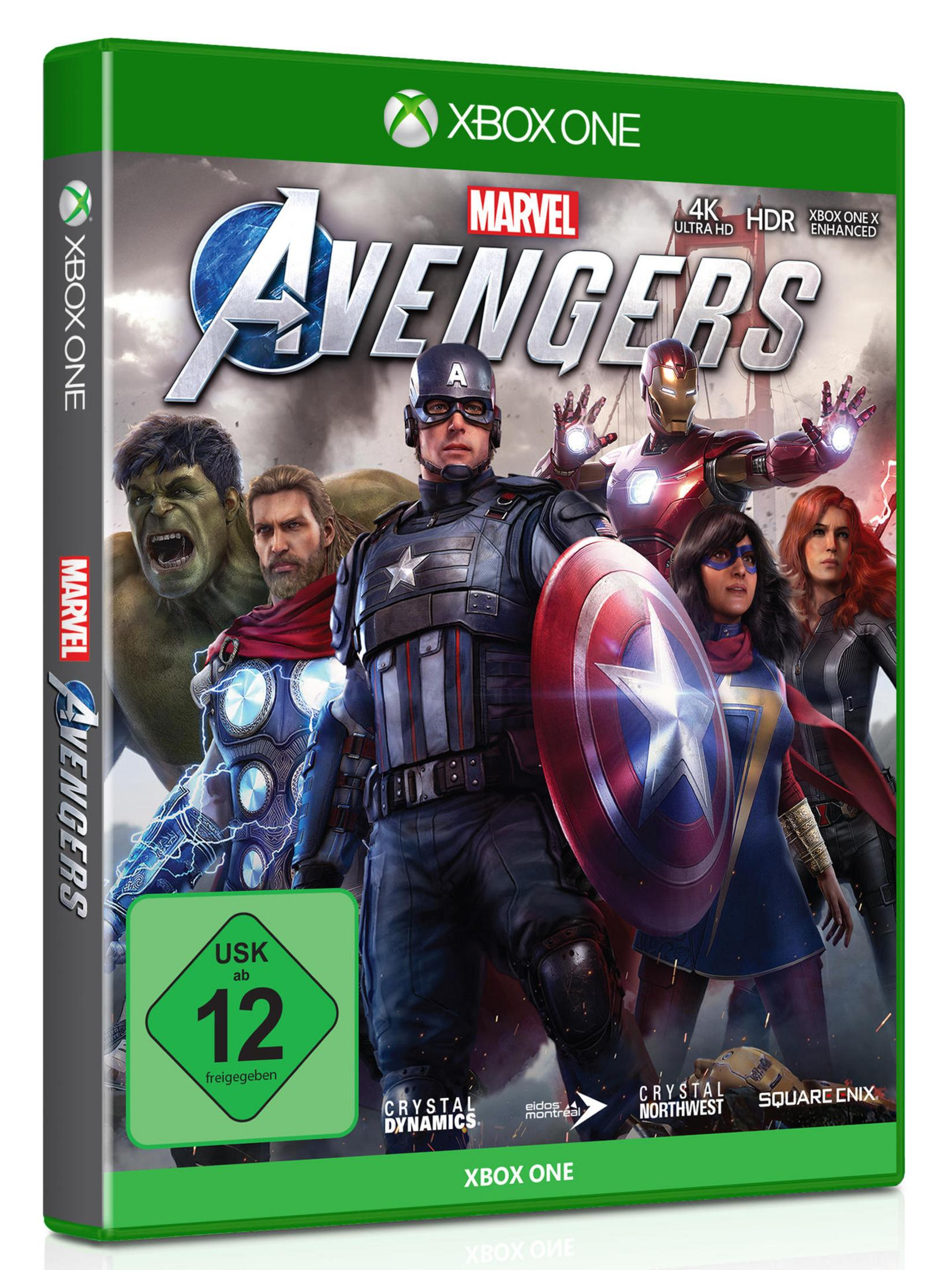 Das Cover des Xbox One-Spiels Marvel's Avengers, mit Superhelden-Charakteren.