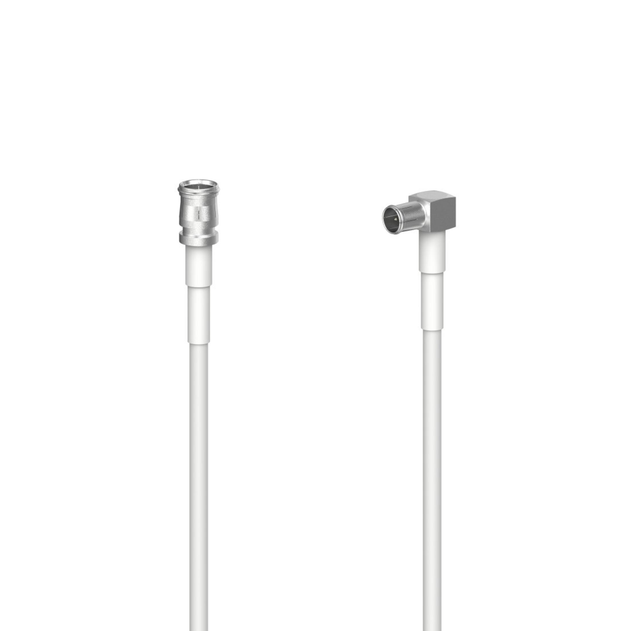 Dos cables coaxiales blancos con conectores sobre un fondo blanco.