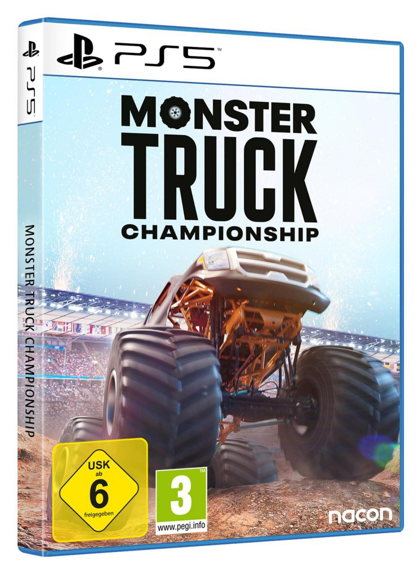 Spielverpackung: Monster Truck Championship. Ein Monstertruck auf einer Strecke ist abgebildet. PS5-Logo.