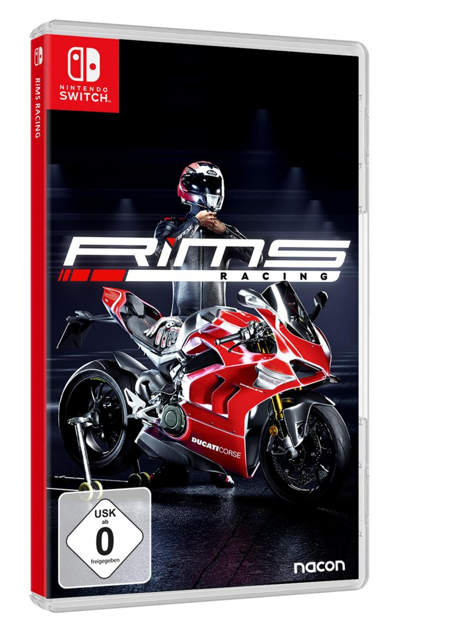 Scatola di gioco per RIMS Racing su Nintendo Switch, con una moto e un pilota.