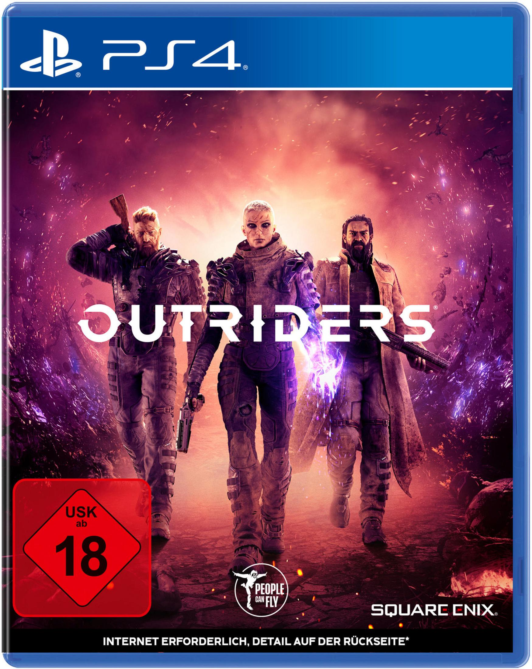 Copertina del gioco Outriders. Tre figure con armi davanti a uno sfondo viola.