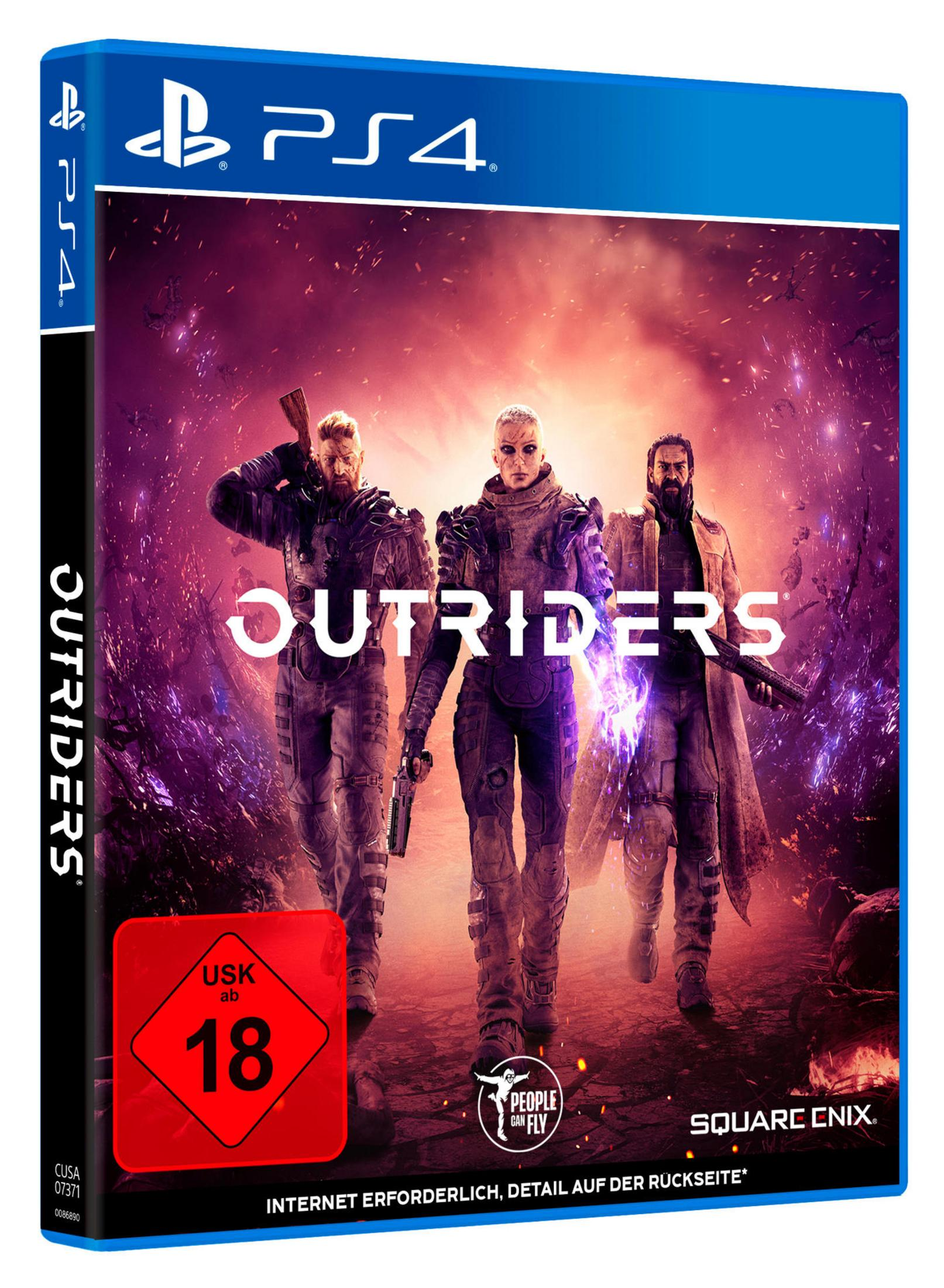 Copertina Outriders, custodia blu. Tre figure con armi davanti a sfondo viola.