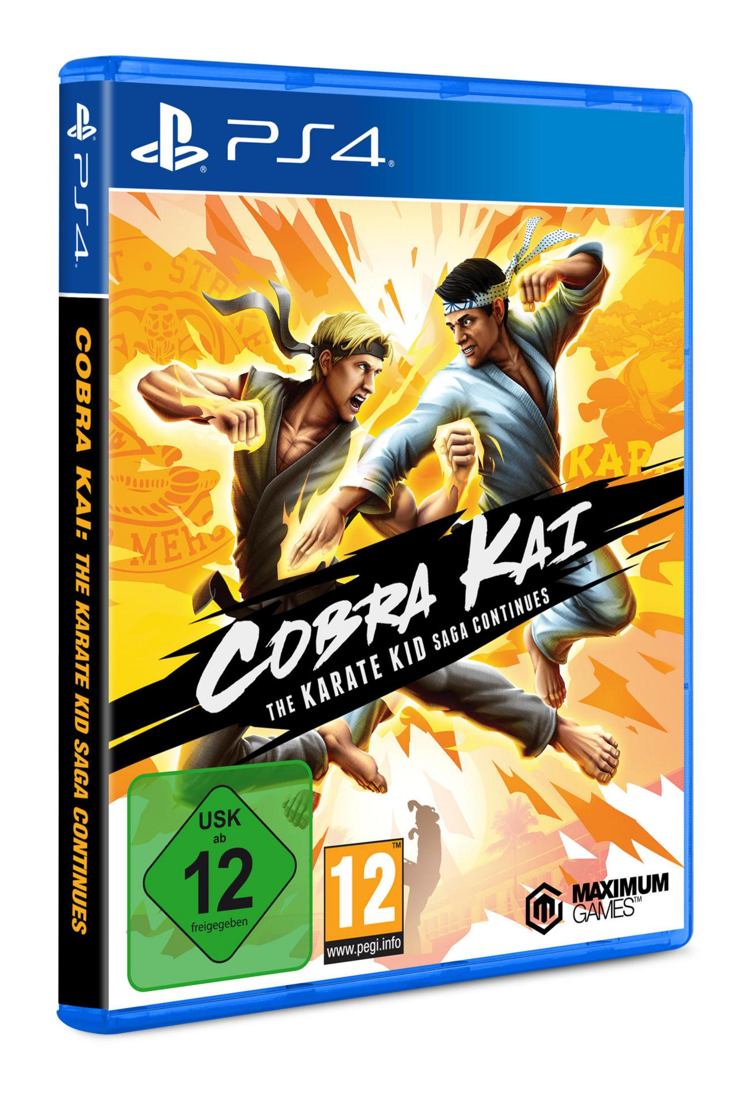 PS4 Spielbox: 'Cobra Kai: The Karate Kid Saga Continues' mit kämpfenden Figuren auf dem Cover.