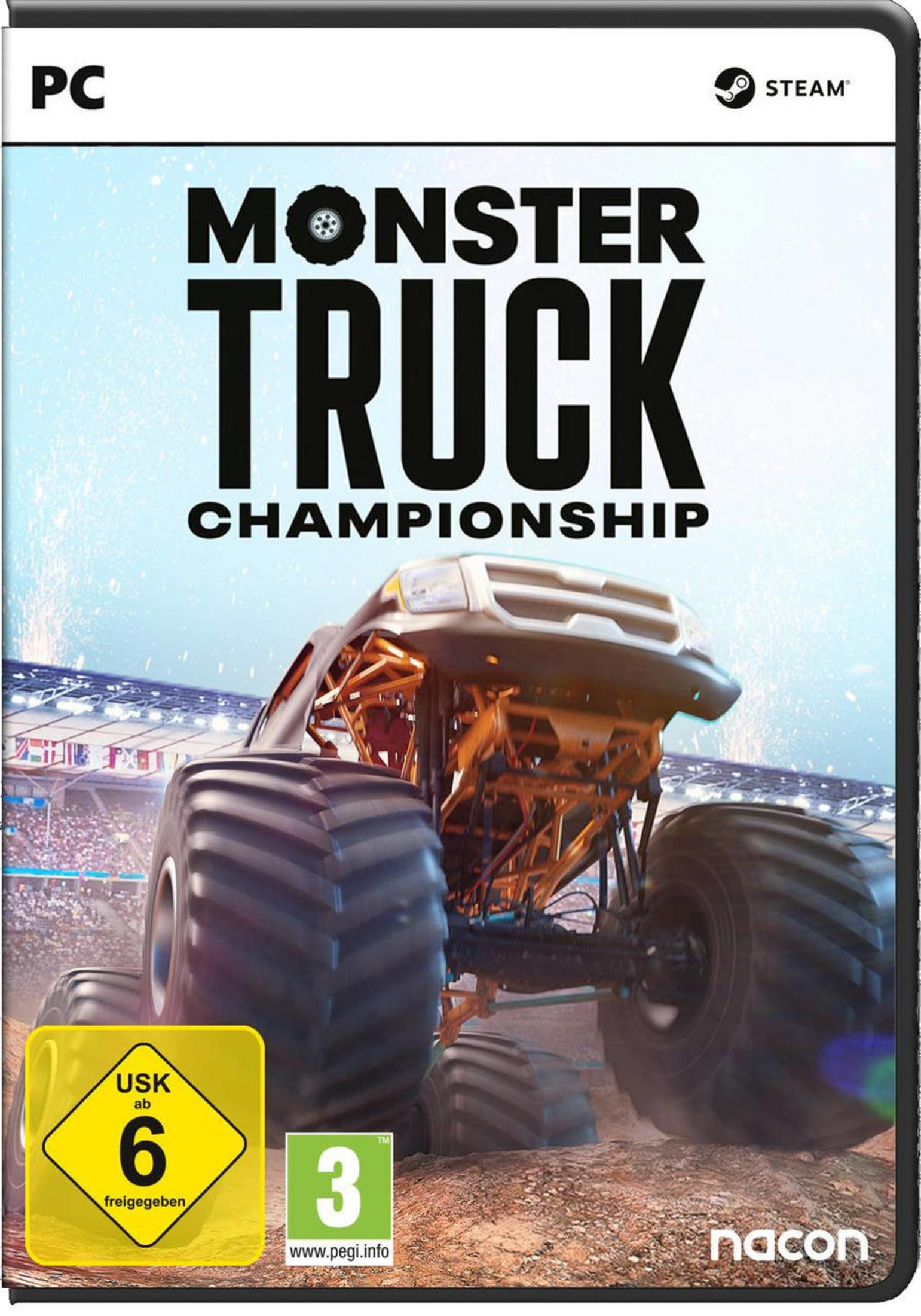 Spielcover Monster Truck Championship. Ein Monster-Truck steht vor einem Stadion.