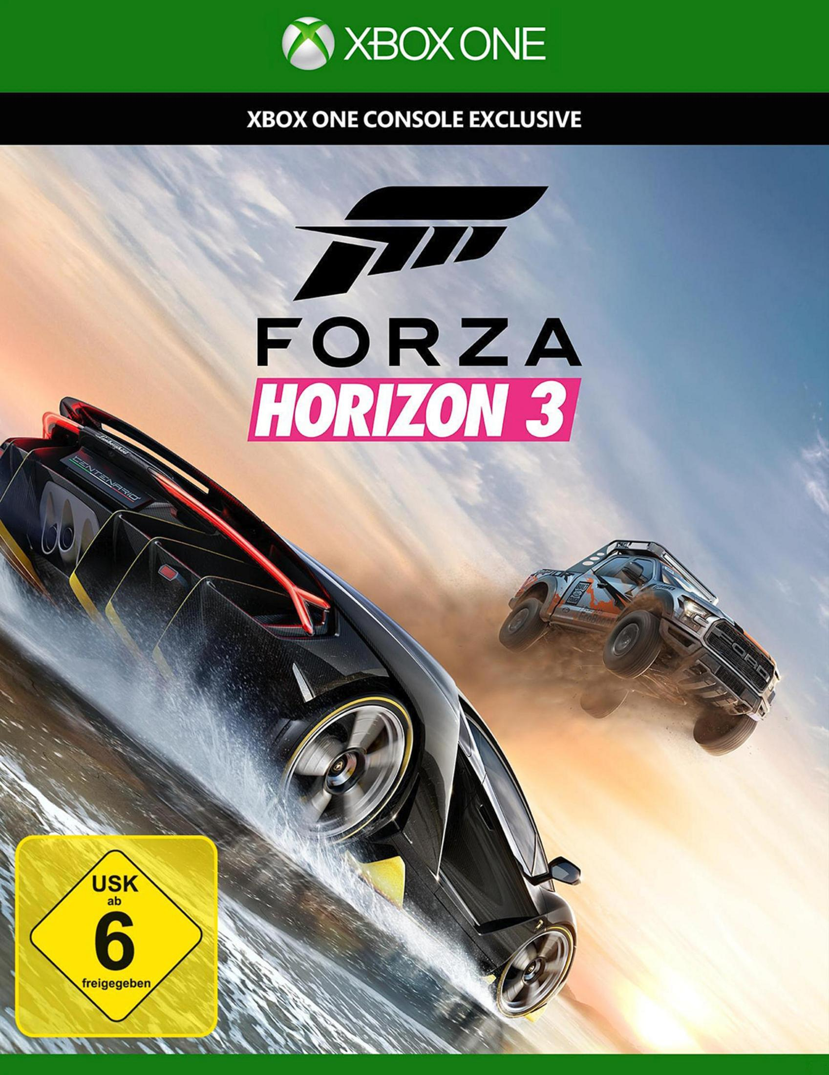 Grafika pudełka gry: Forza Horizon 3 z samochodami wyścigowymi w dynamicznej, szybkiej scenie wyścigowej.