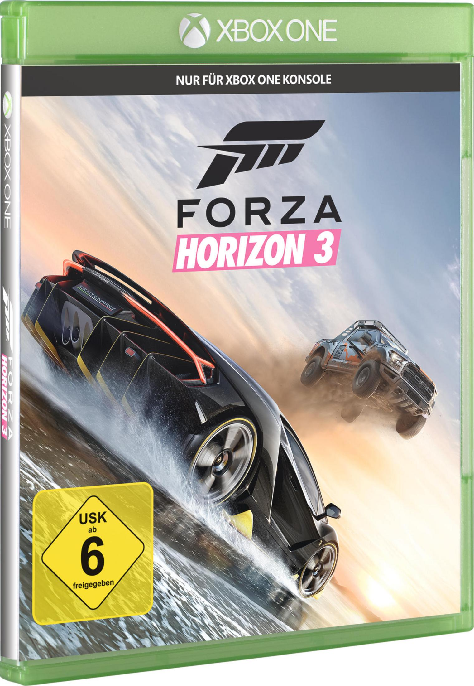 Pudełko gry Forza Horizon 3 Xbox One, z samochodami ścigającymi się po krajobrazie.