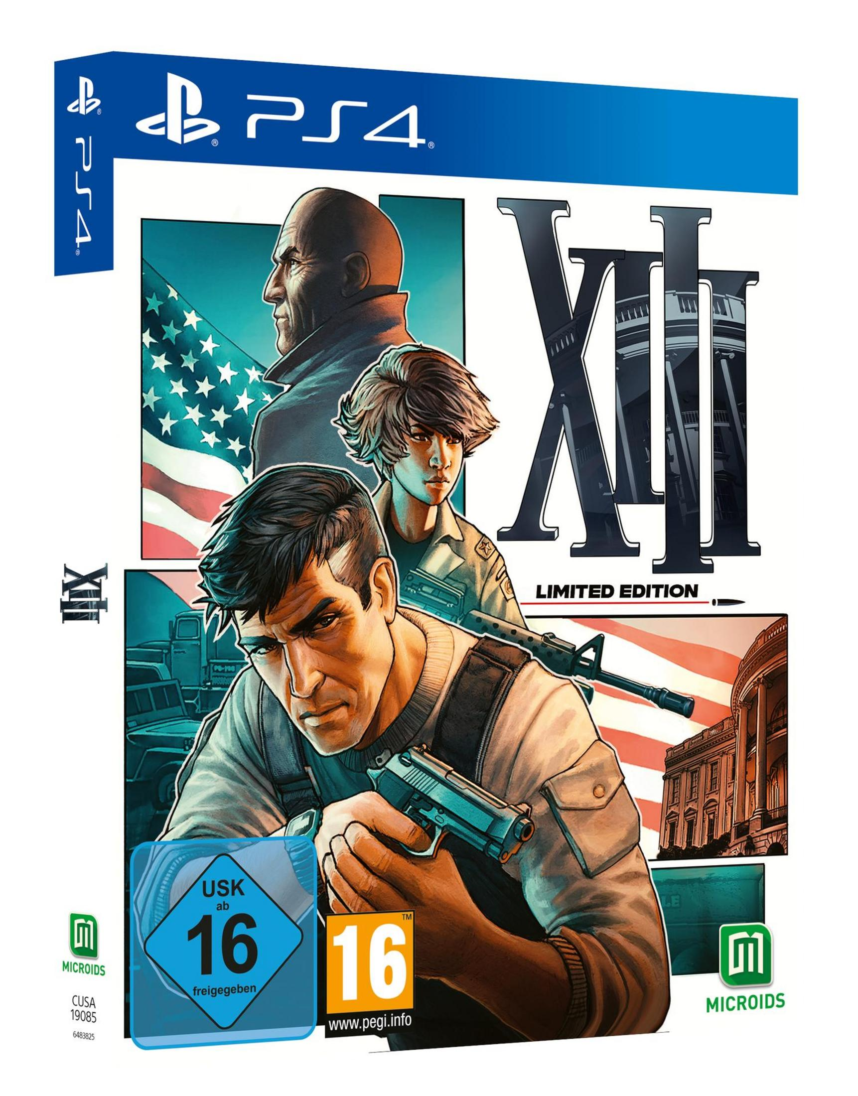 Couverture de XIII pour PS4. Un homme avec un pistolet, deux personnes avec le drapeau américain et le titre du jeu.