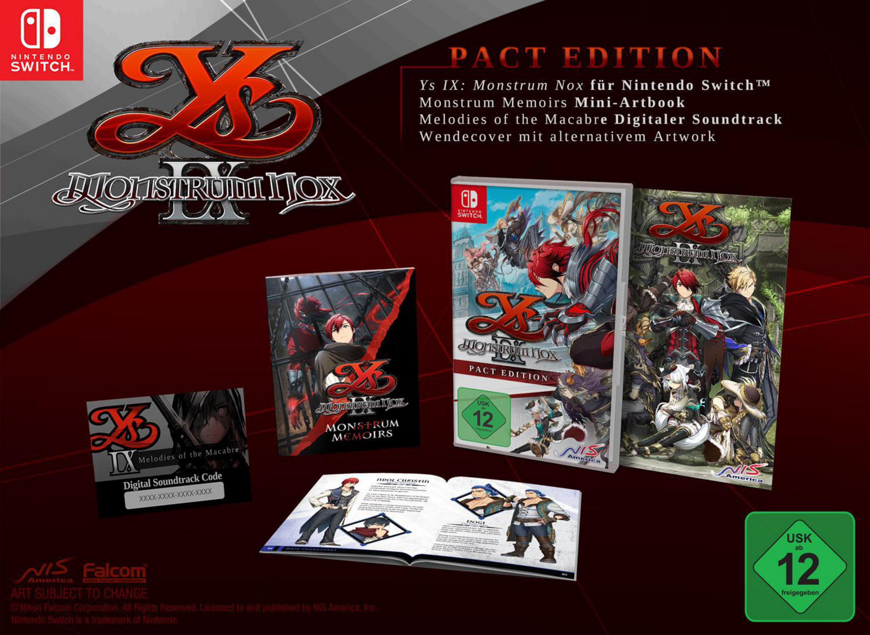 Spielboxen und verwandte Artikel für 'Ys IX: Monstrum Nox' auf Nintendo Switch, mit Charakterkunst und Spieldetails.