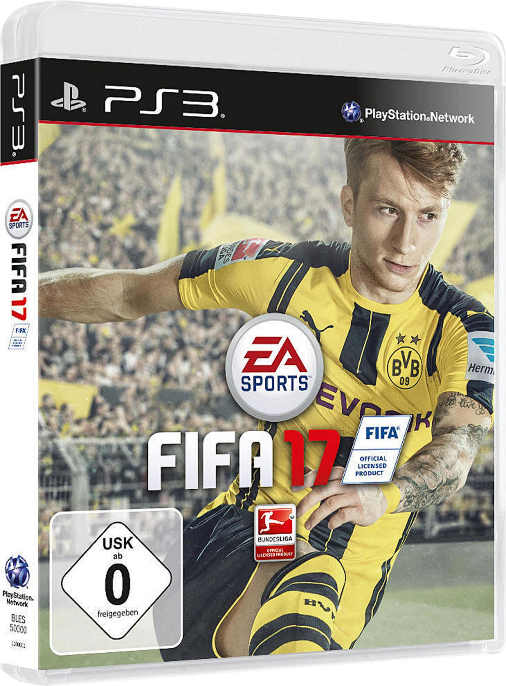 FIFA 17 Spielcover. Ein Fußballspieler in gelbem Trikot ist abgebildet. Das EA Sports Logo ist sichtbar.