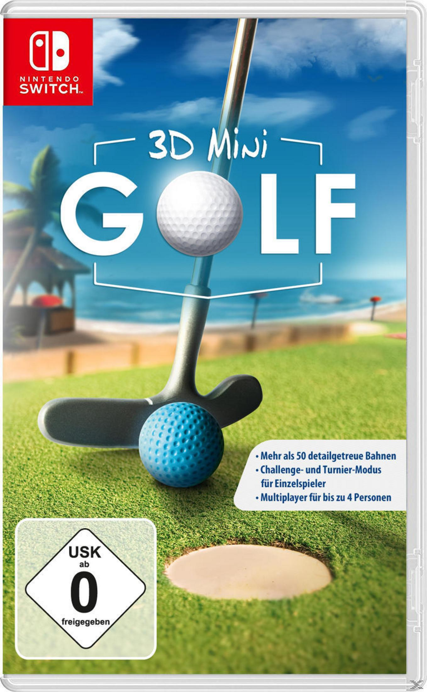 Eine Golfspielbox. Zeigt einen Golfball, einen Putter und einen Minigolfplatz.