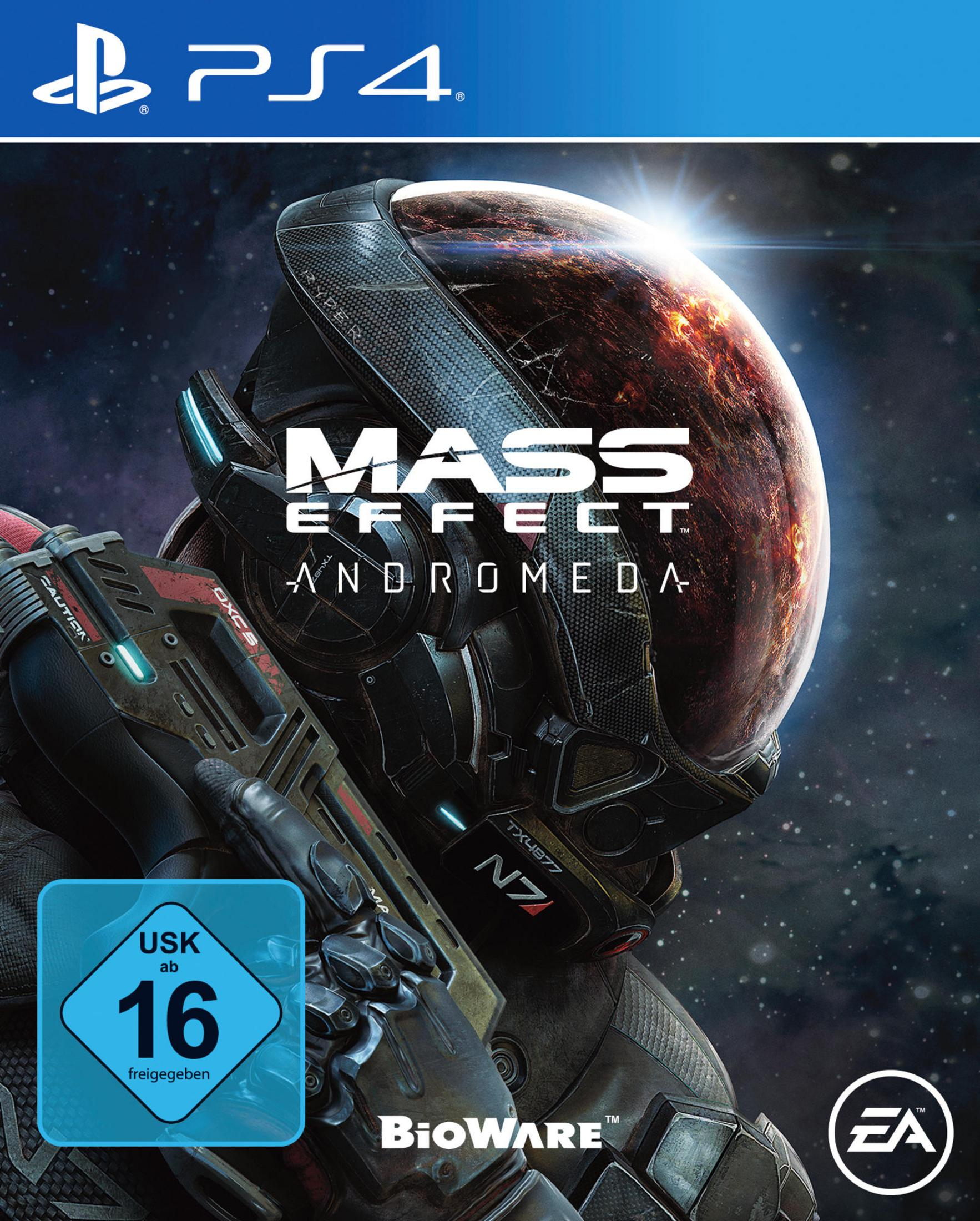 Spielcover für Mass Effect: Andromeda. Eine Figur mit Helm und futuristischer Waffe, mit Weltraumhintergrund.