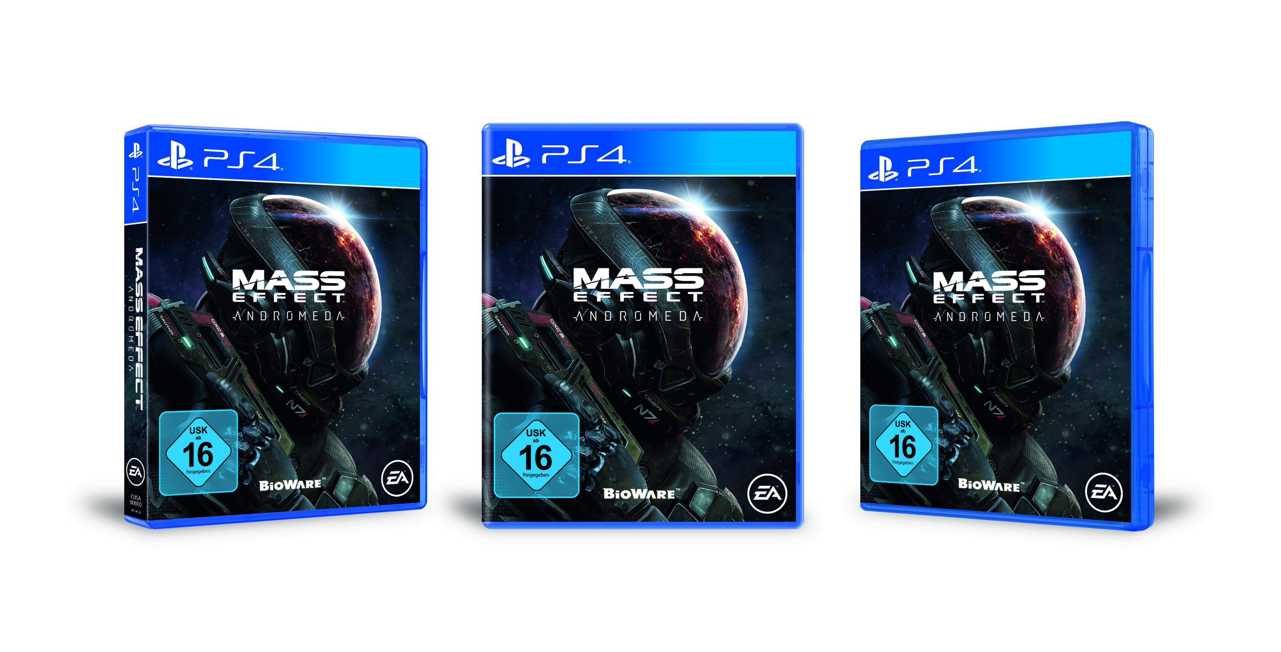 Drei Spielboxen von Mass Effect: Andromeda liegen auf einer weißen Oberfläche.