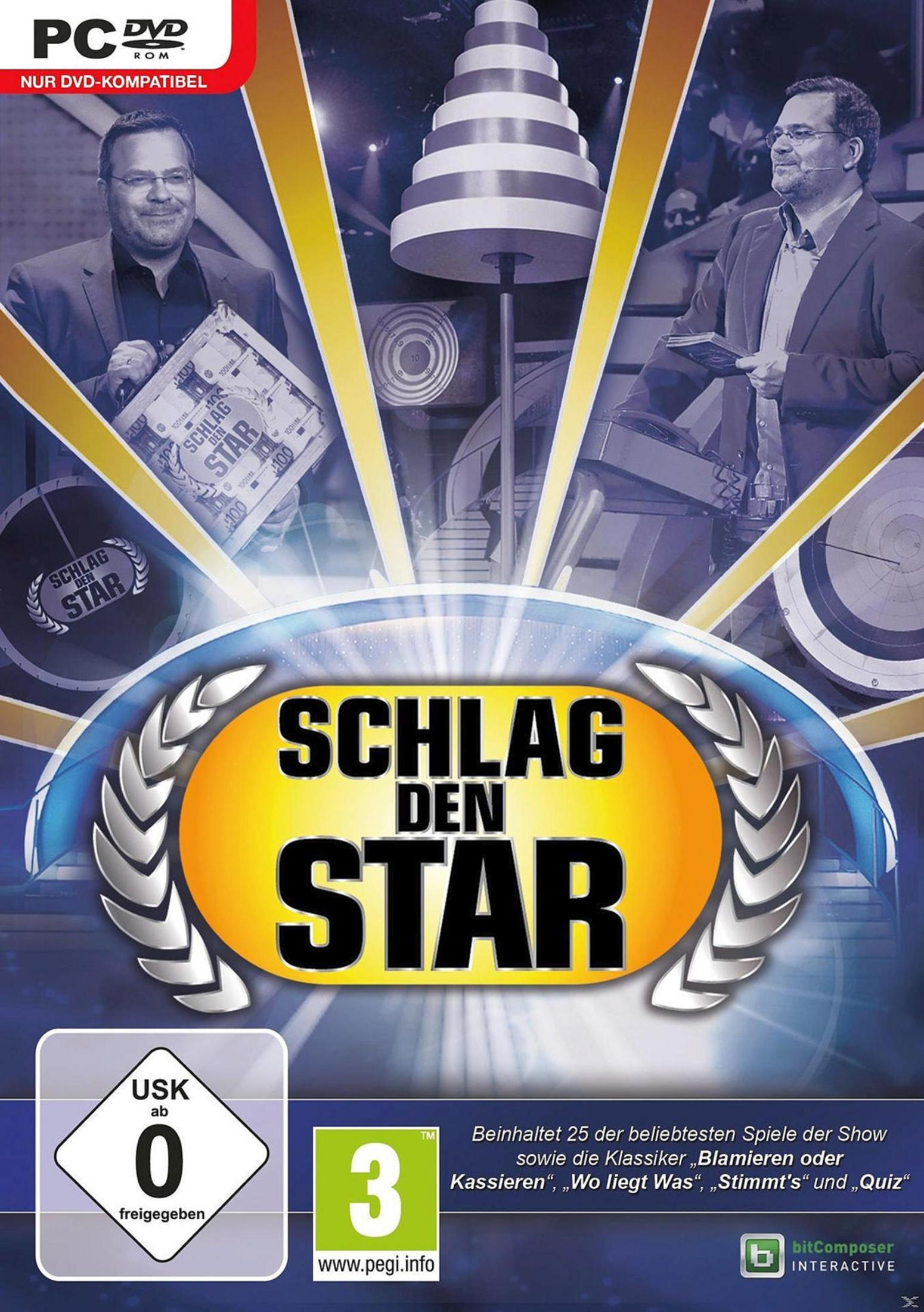 Schlag den Star-Spielcover. Zwei Männer in einem Fernsehstudio mit dem Spieletitel und Logo auf der Vorderseite.