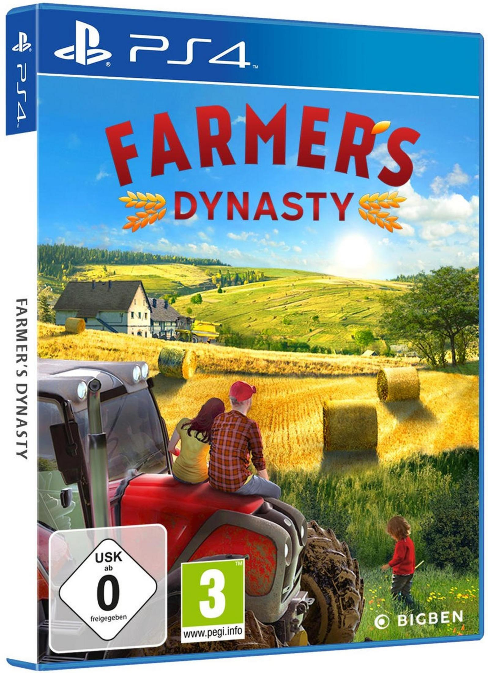 PS4-Spielhülle. Titel: Farmer's Dynasty. Ein Traktor mit Leuten auf einem Feld mit Heu, einem Haus und einem Kind.