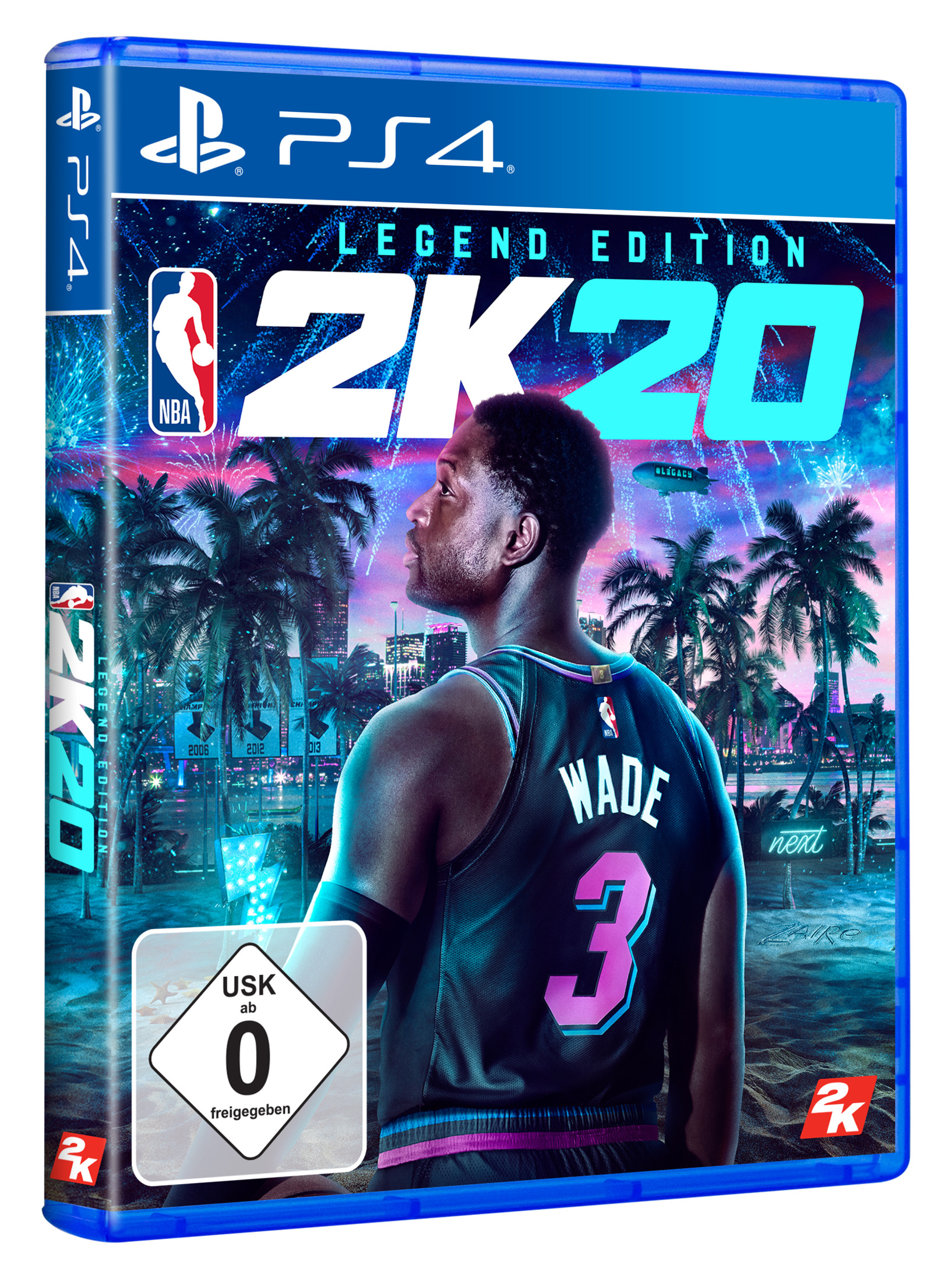 PS4 NBA 2K20 Legend Edition Spielbox. Ein Mann in einem Trikot ist auf dem Cover, stehend vor Palmen.