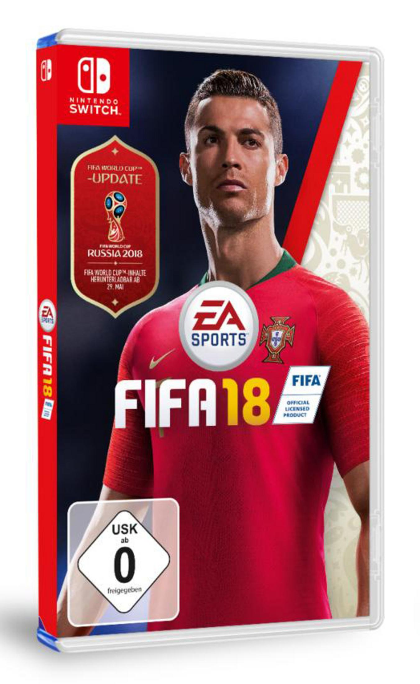 FIFA 18-Spielbox mit Cristiano Ronaldo in einem roten Trikot.