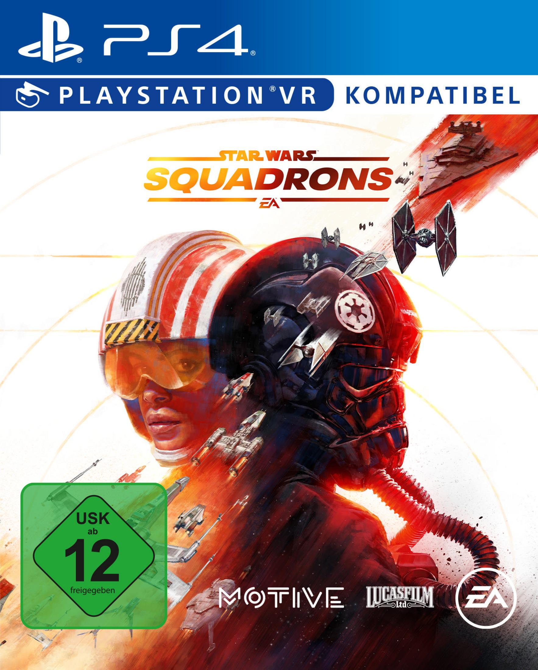 Star Wars: Squadrons Spielcover. Pilot im Helm, Raumschiffe und EA-Logo.