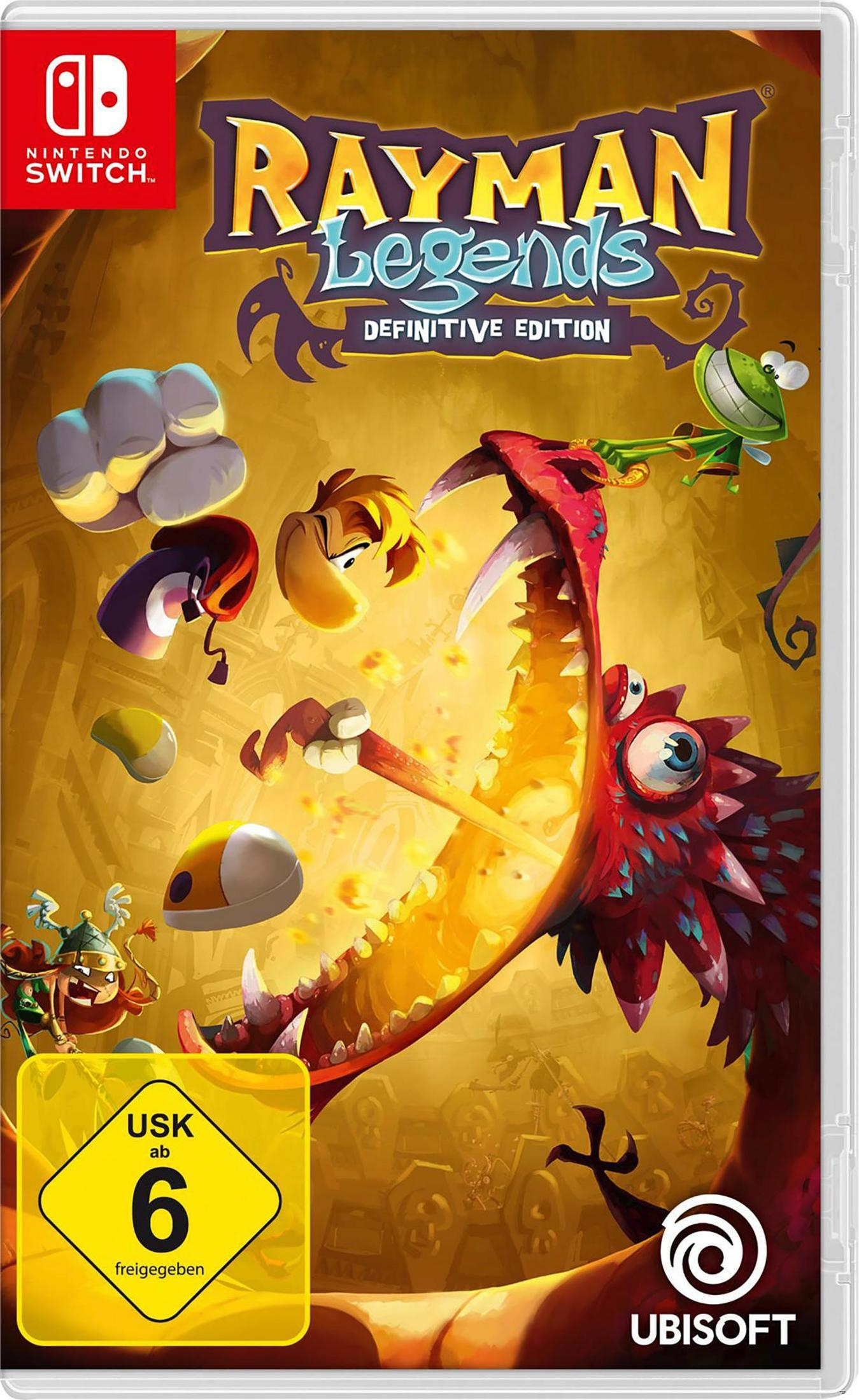Okładka gry Rayman Legends z postaciami i smokiem.
