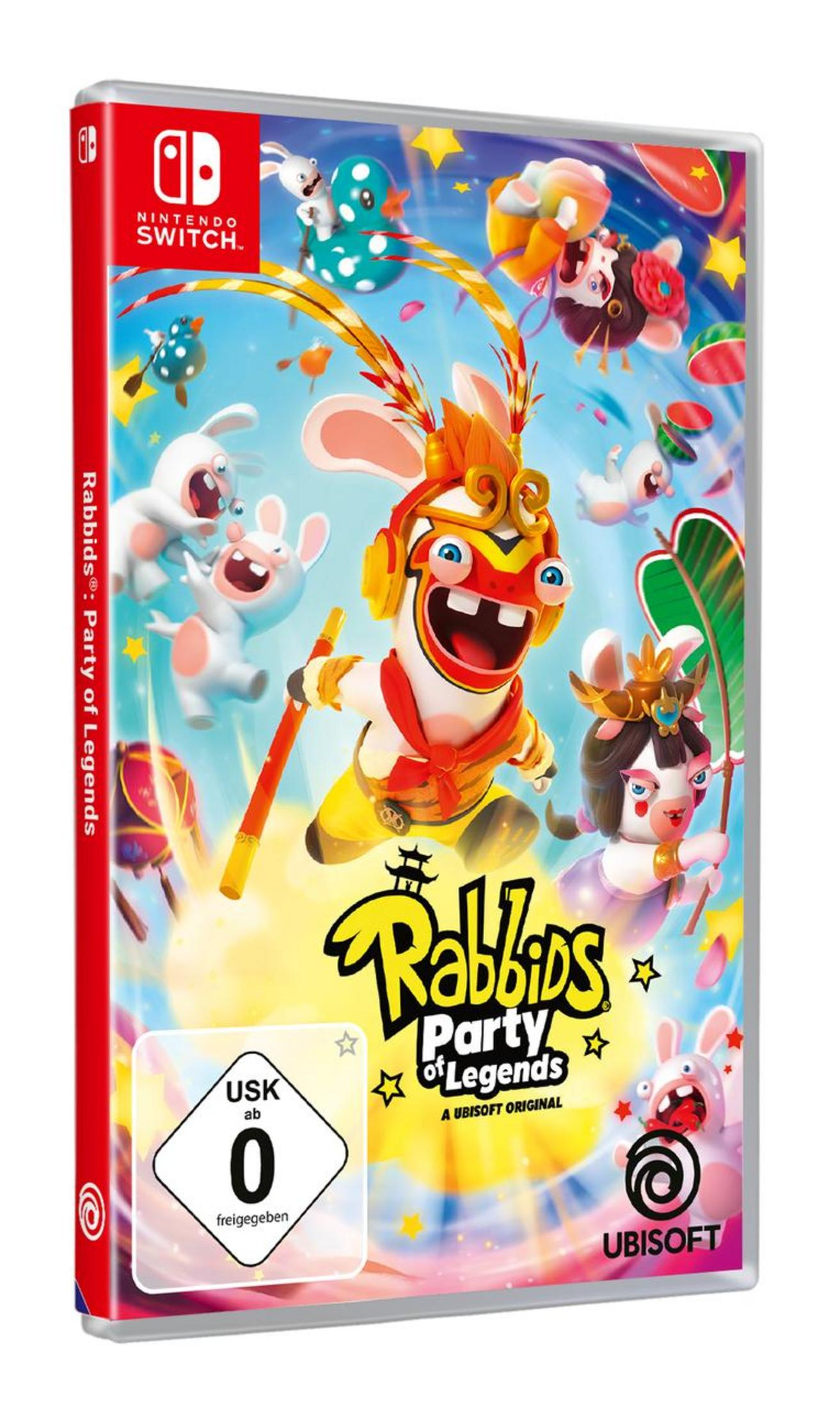 Die Rabbids: Party of Legends Spielbox mit Rabbids-Charakteren.