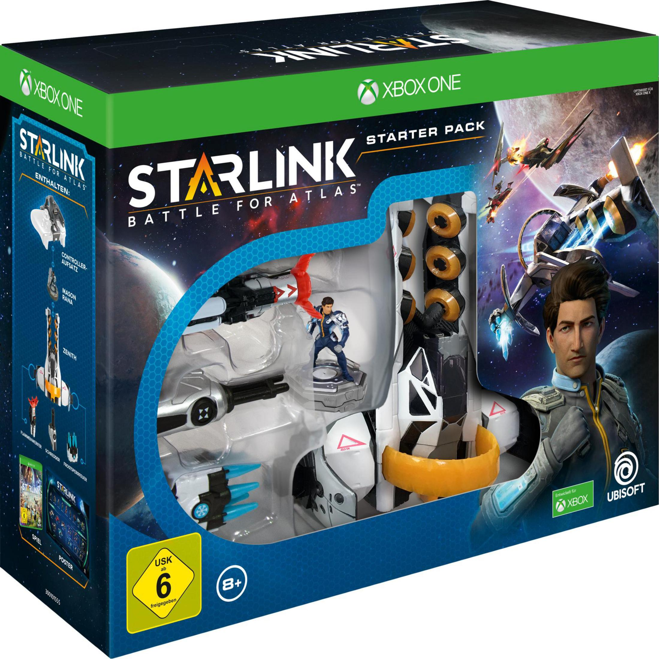 Xbox One Spielbox-Set für 'Starlink: Battle for Atlas', mit Spielcharakteren und Raumschiffen.