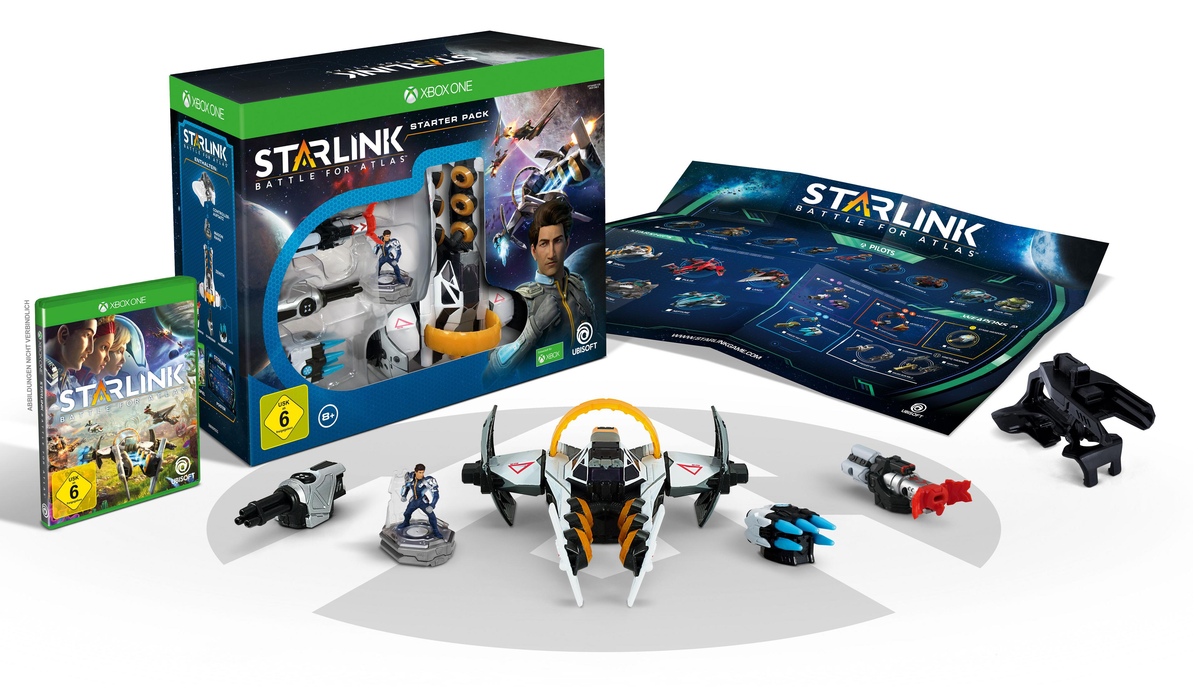 Xbox One Starlink: Battle for Atlas Starter Pack. Spiel-Disc, Figuren, Raumschiff und Karte. Grüne, weiße und blaue Farben.