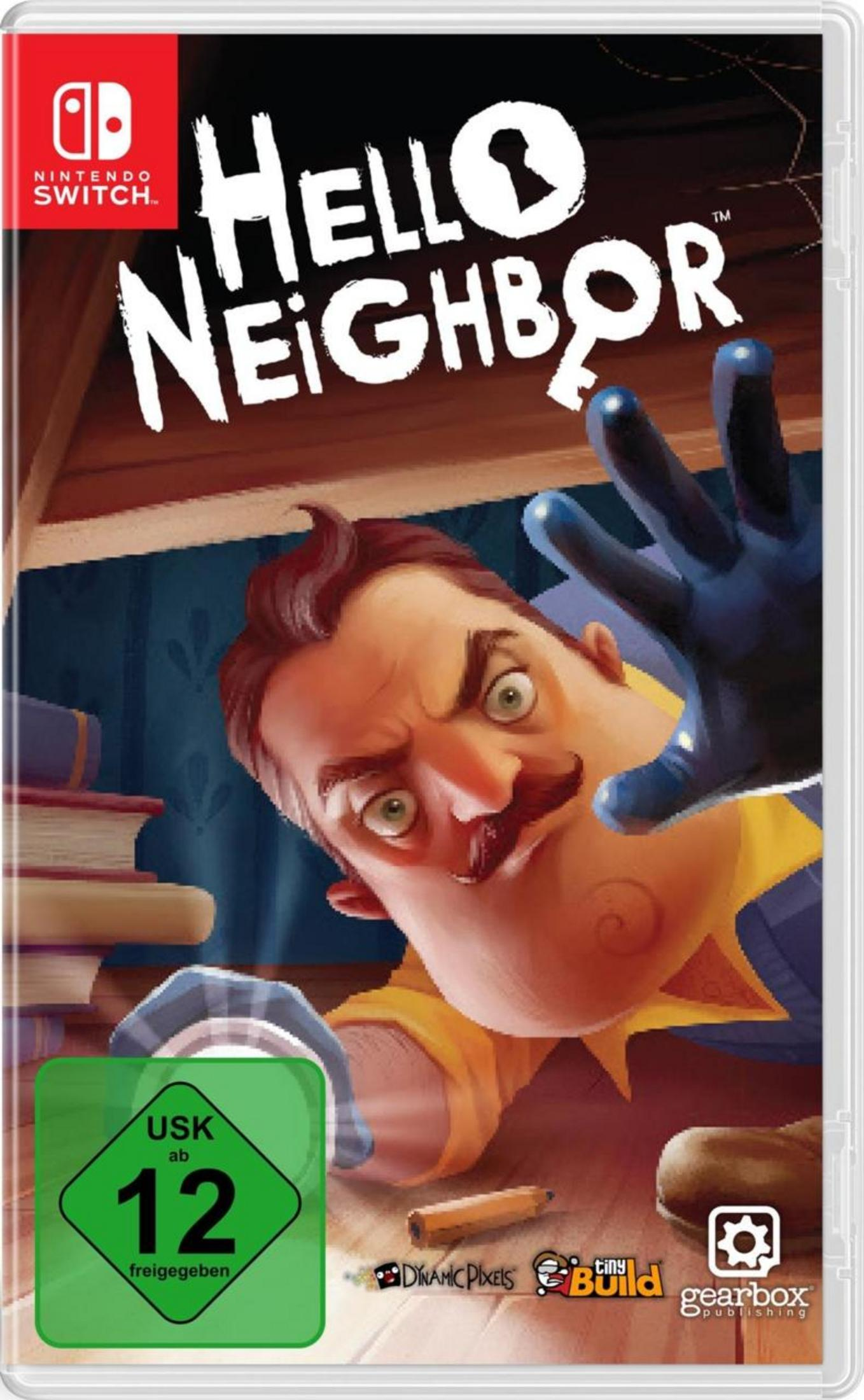 Hello Neighbor Spielbox. Auf dem Cover ist ein gruselig aussehender Mann zu sehen.