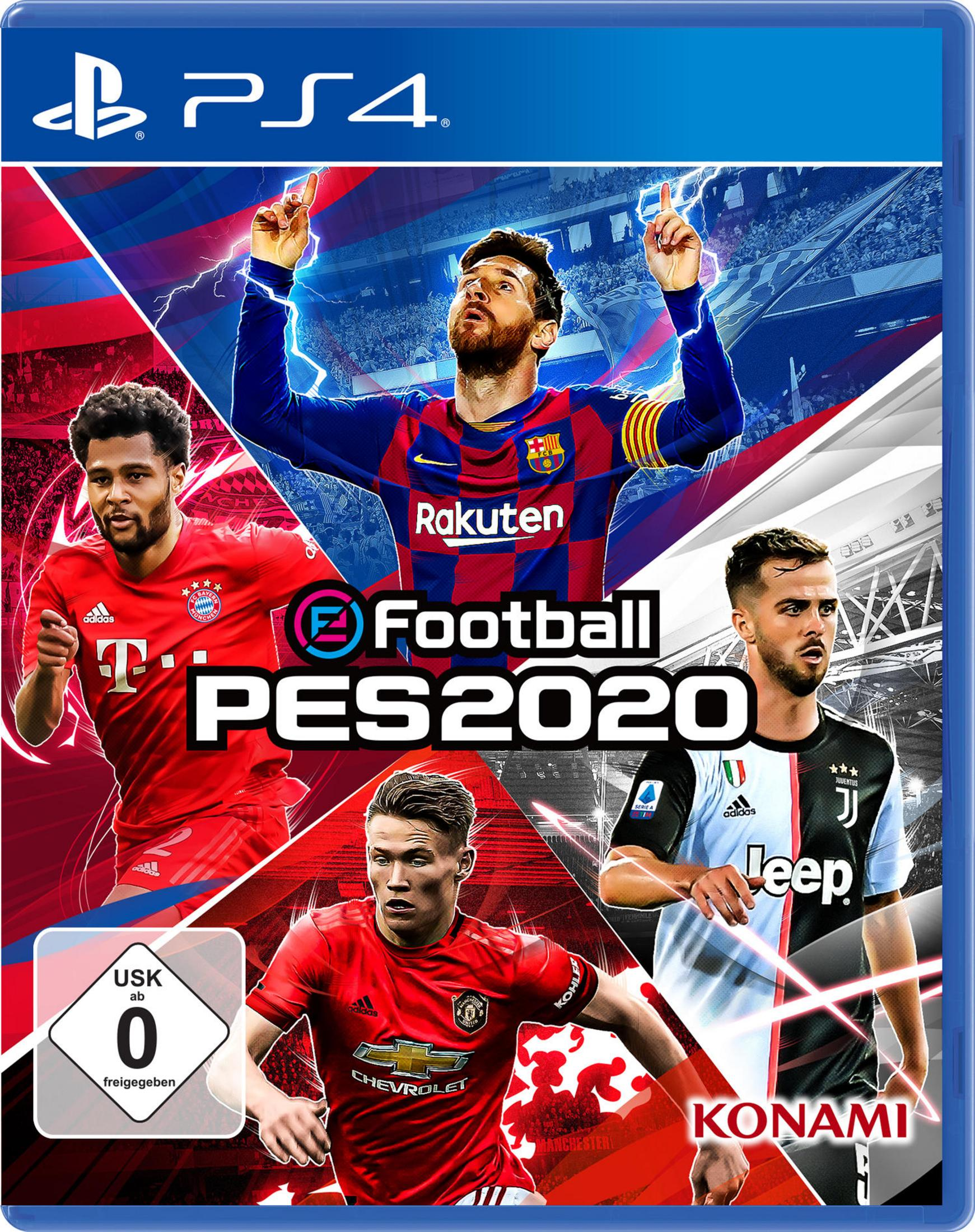 Spielcover für PES 2020 mit Fußballspielern: Lionel Messi, in Blau, und andere in Rot und Schwarz.