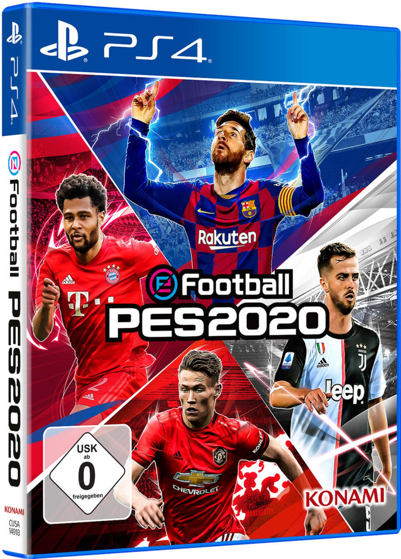 PES 2020 Spielbox mit Fußballspielern auf dem Cover, darunter Messi, in Aktion.