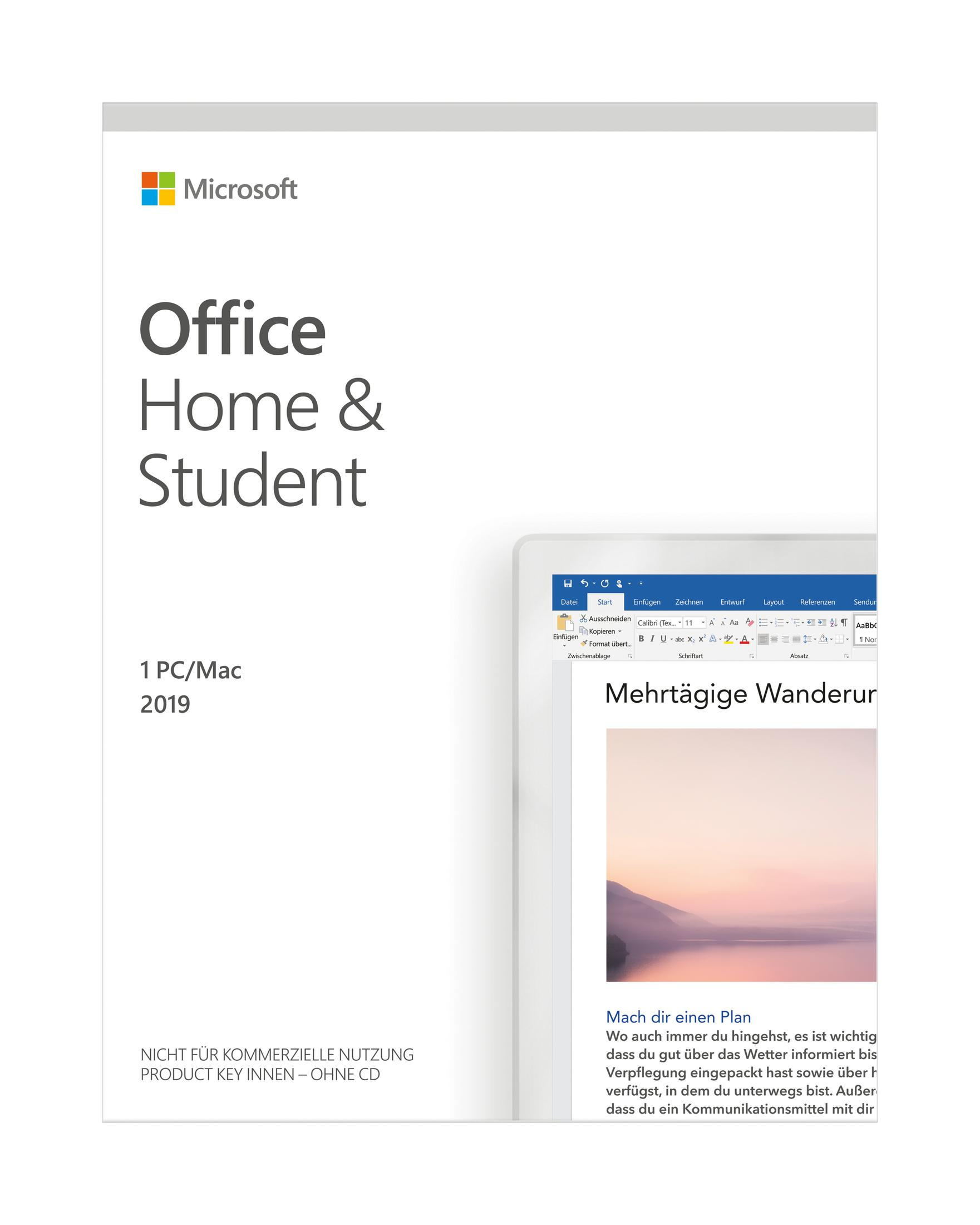Office Home & Student 2019 Box. Ein Laptop-Bildschirm zeigt ein Dokument.