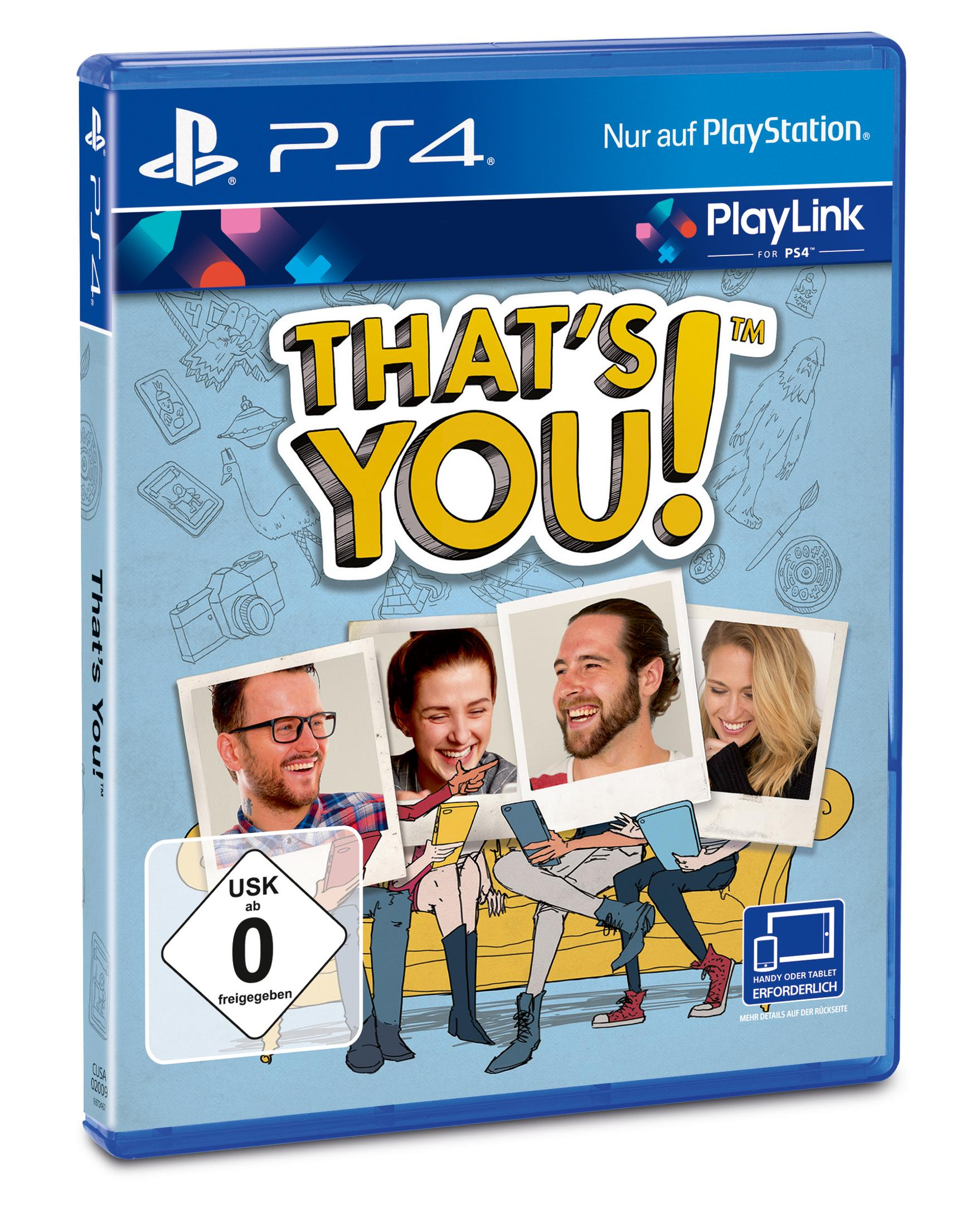 That's You! PS4 Spielbox. Personen auf Sofa, blauer Hintergrund.