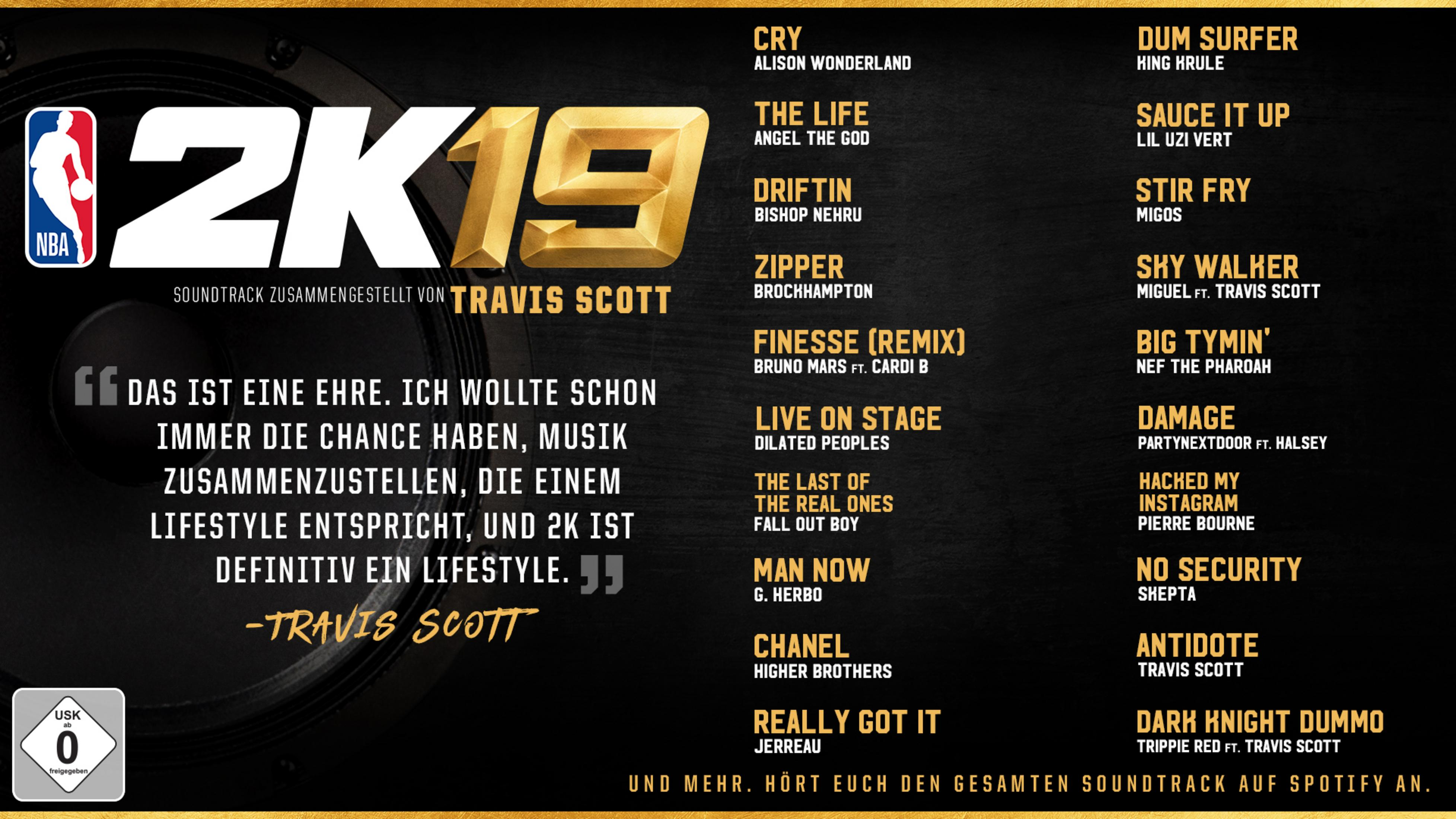 NBA 2K19 Soundtrack-Cover mit Travis Scott, einer Titelliste und einer USK 0-Bewertung.