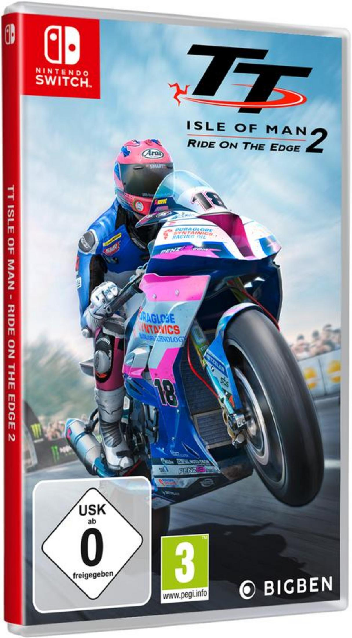 Spielcover eines Motorrads. Der Titel ist TT Isle of Man 2. Eine Rennstrecke ist sichtbar.