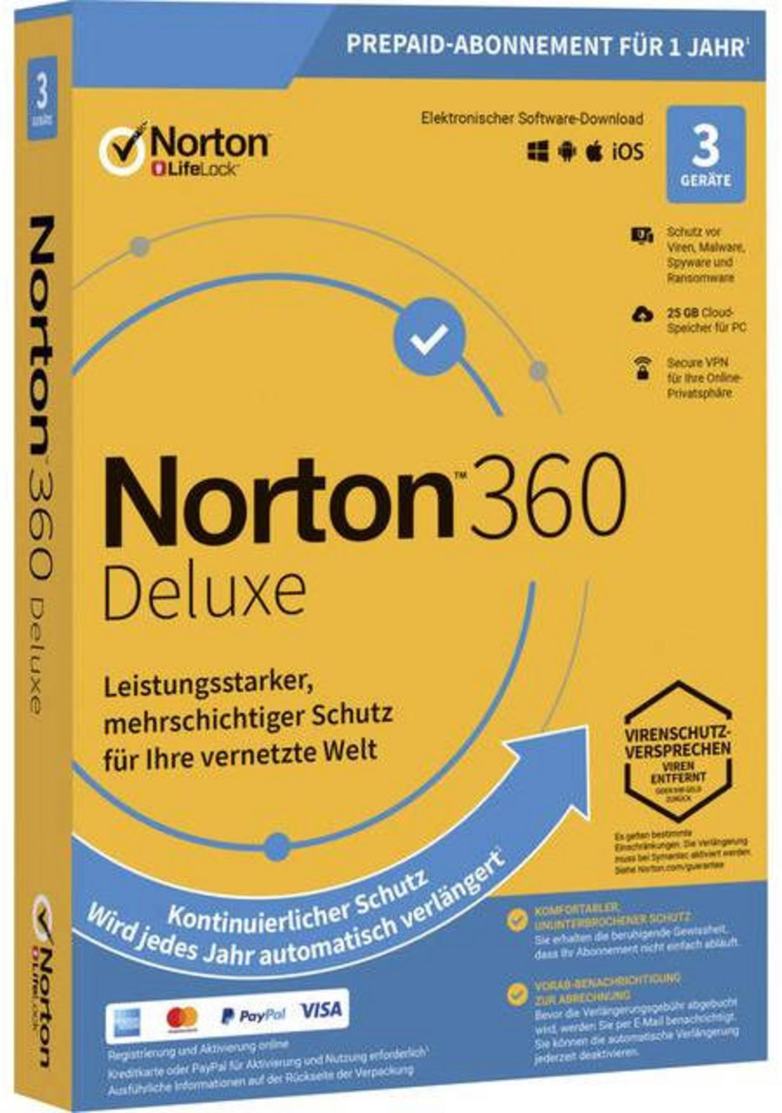 Norton 360 Deluxe Softwarebox, gelbes und blaues Design. Enthält Informationen zu Funktionen und ein Logo.