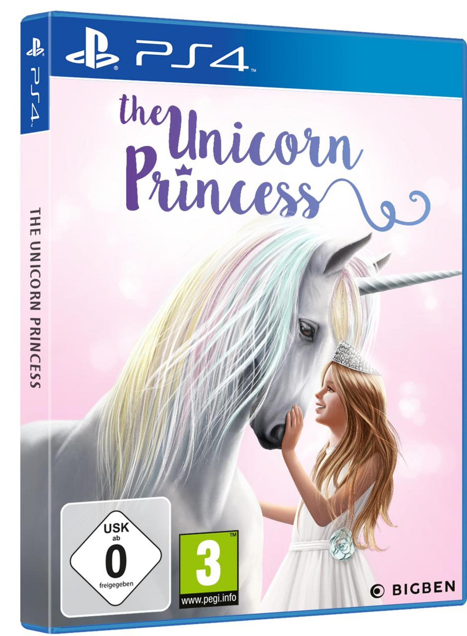 The Unicorn Princess PS4-Spielcover mit einem Mädchen, das den Kopf eines Einhorns berührt.