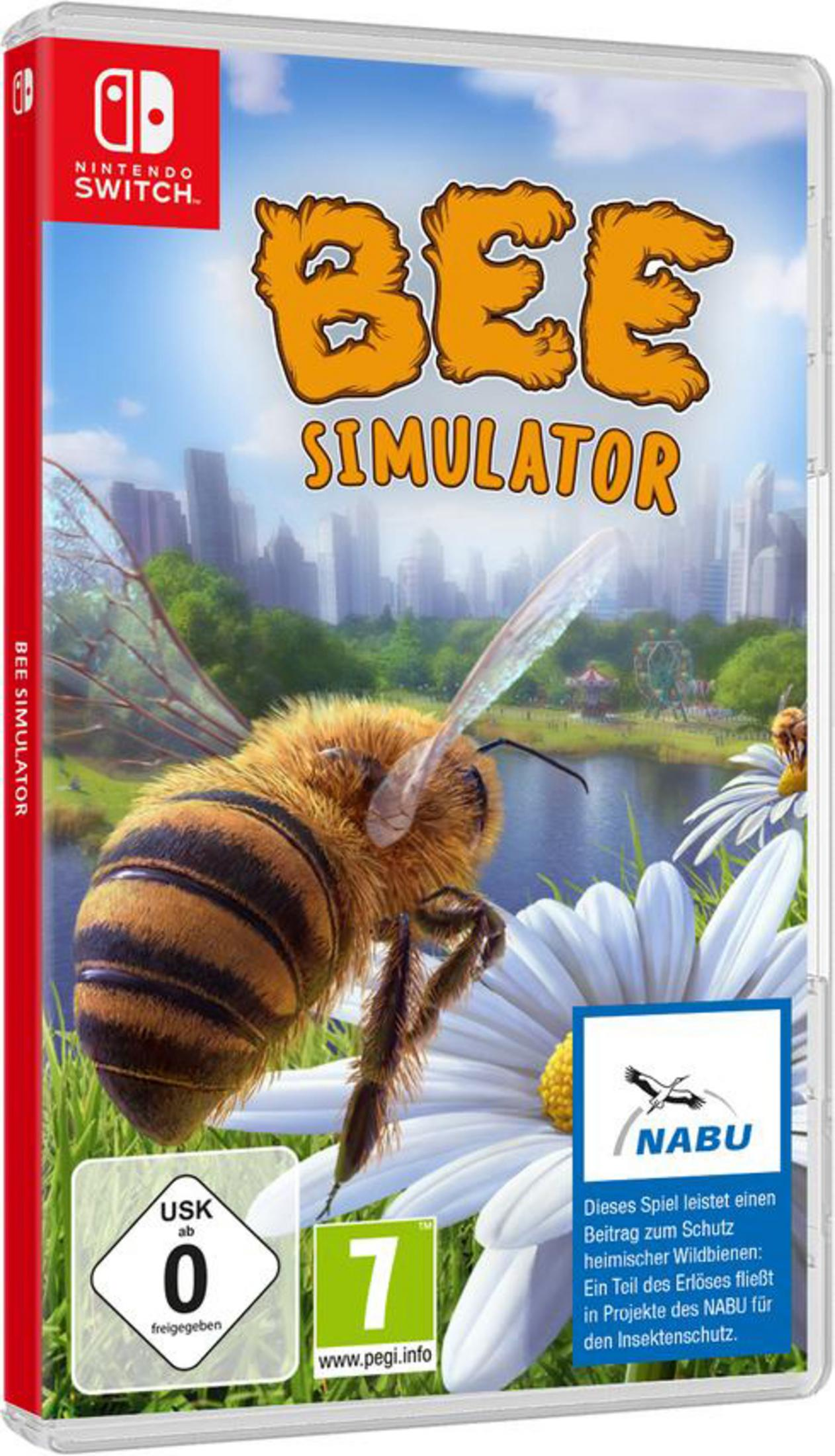 Bee Simulator Videospiel-Box-Art, mit einer Biene, Blumen und einem Stadt-Hintergrund.
