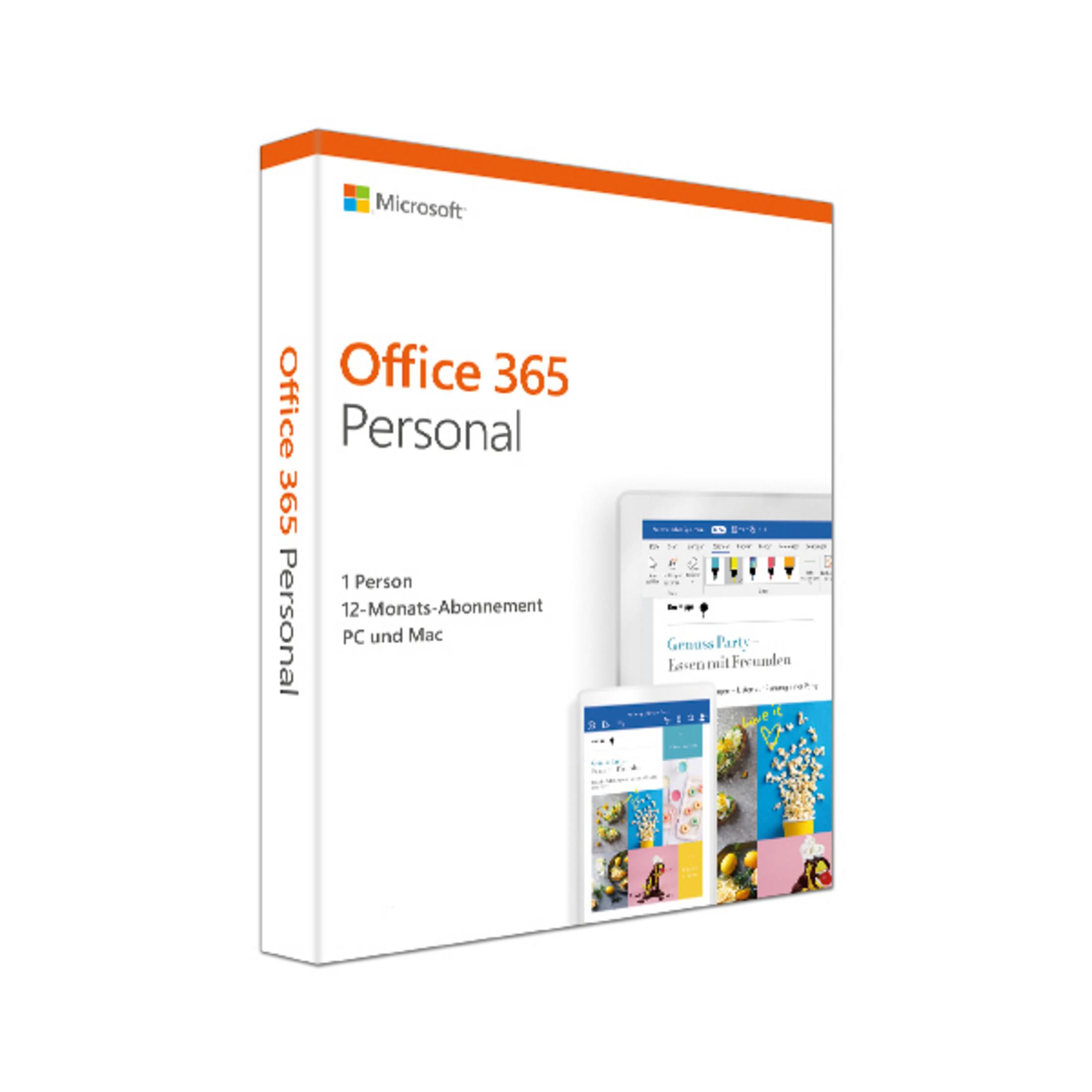 Microsoft Office 365 Personal Box. Weiße Box mit einem Bild eines Tablets und eines Computers.