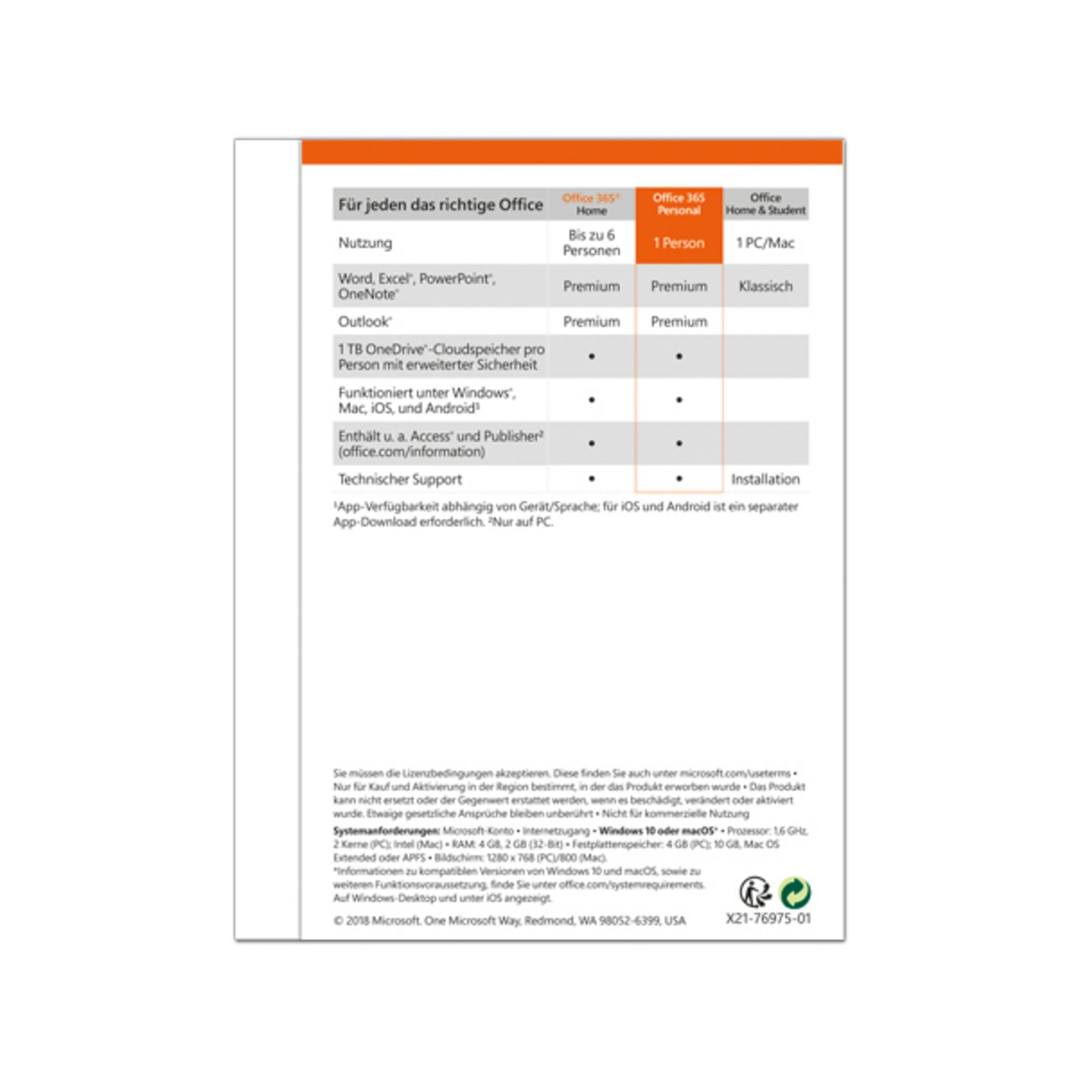 Gedrucktes Dokument. Office 365 Vergleichstabelle für Home und Personal.