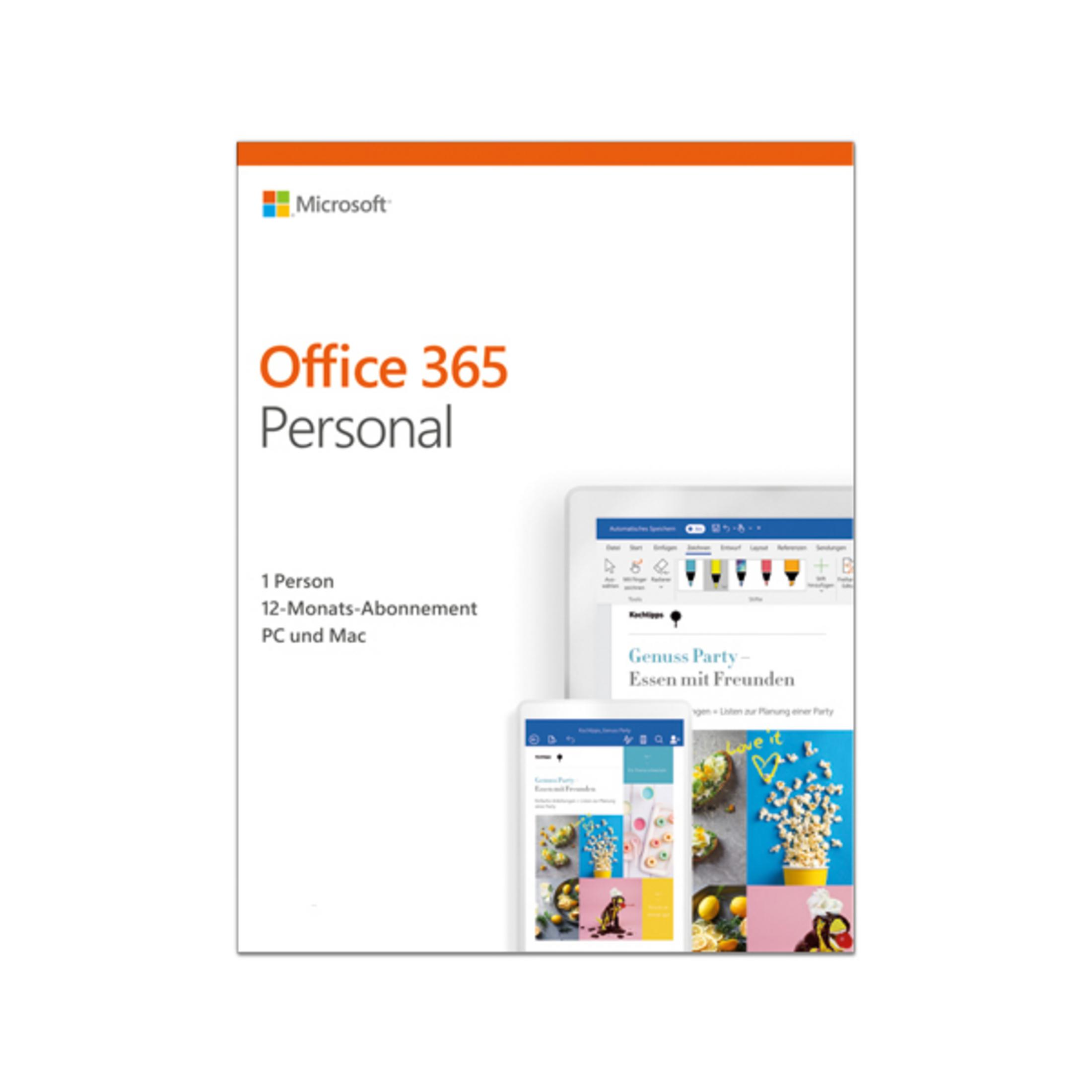 Microsoft Office 365 Personal Box mit Tablet und Telefon, die die App zeigen.