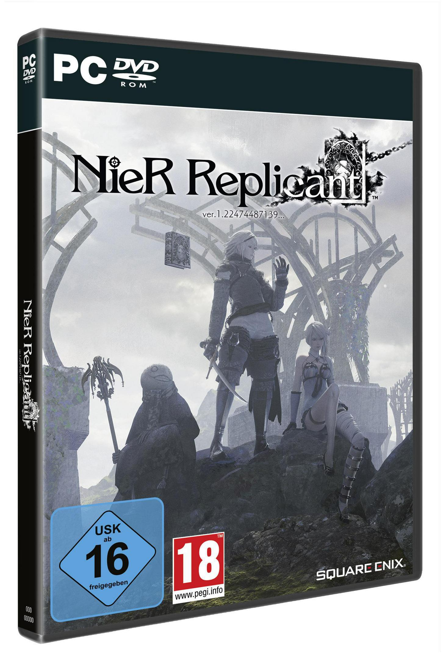 Eine Videospielbox für NieR Replicant mit zwei Charakteren und einem Ruinenhintergrund.