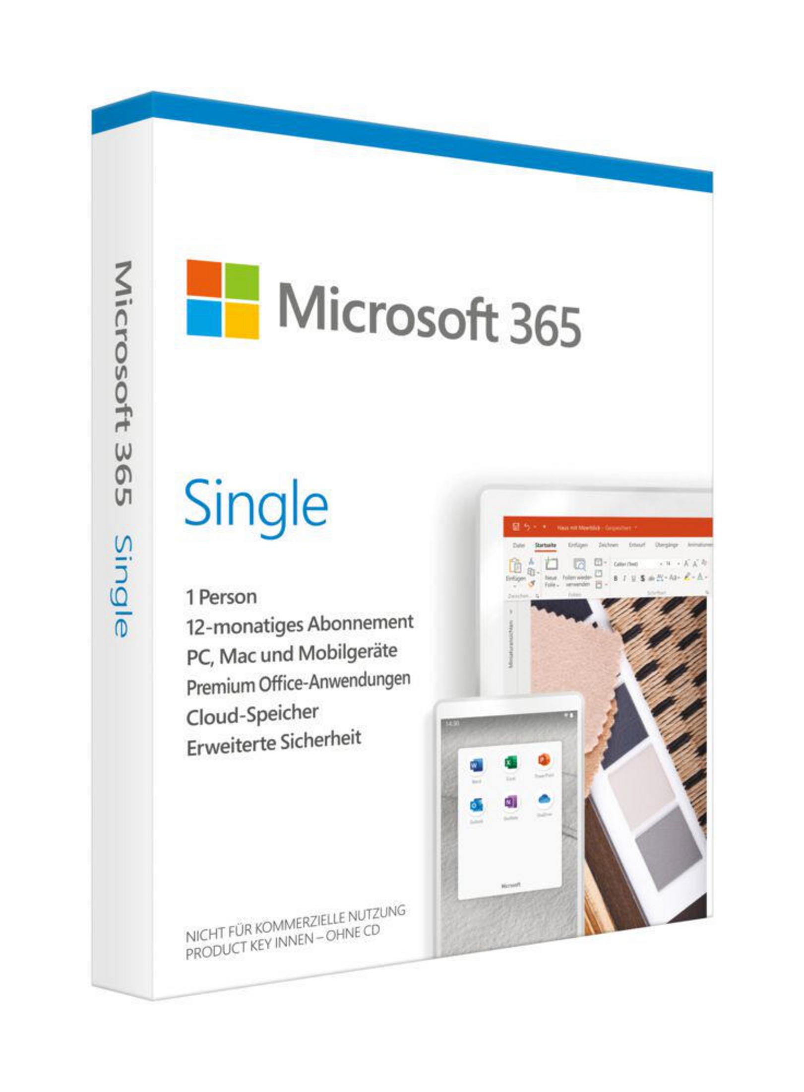 Scatola Microsoft 365 Single. Contiene dettagli del software. Include un tablet e un telefono con icone di app e un campione di tessuto.