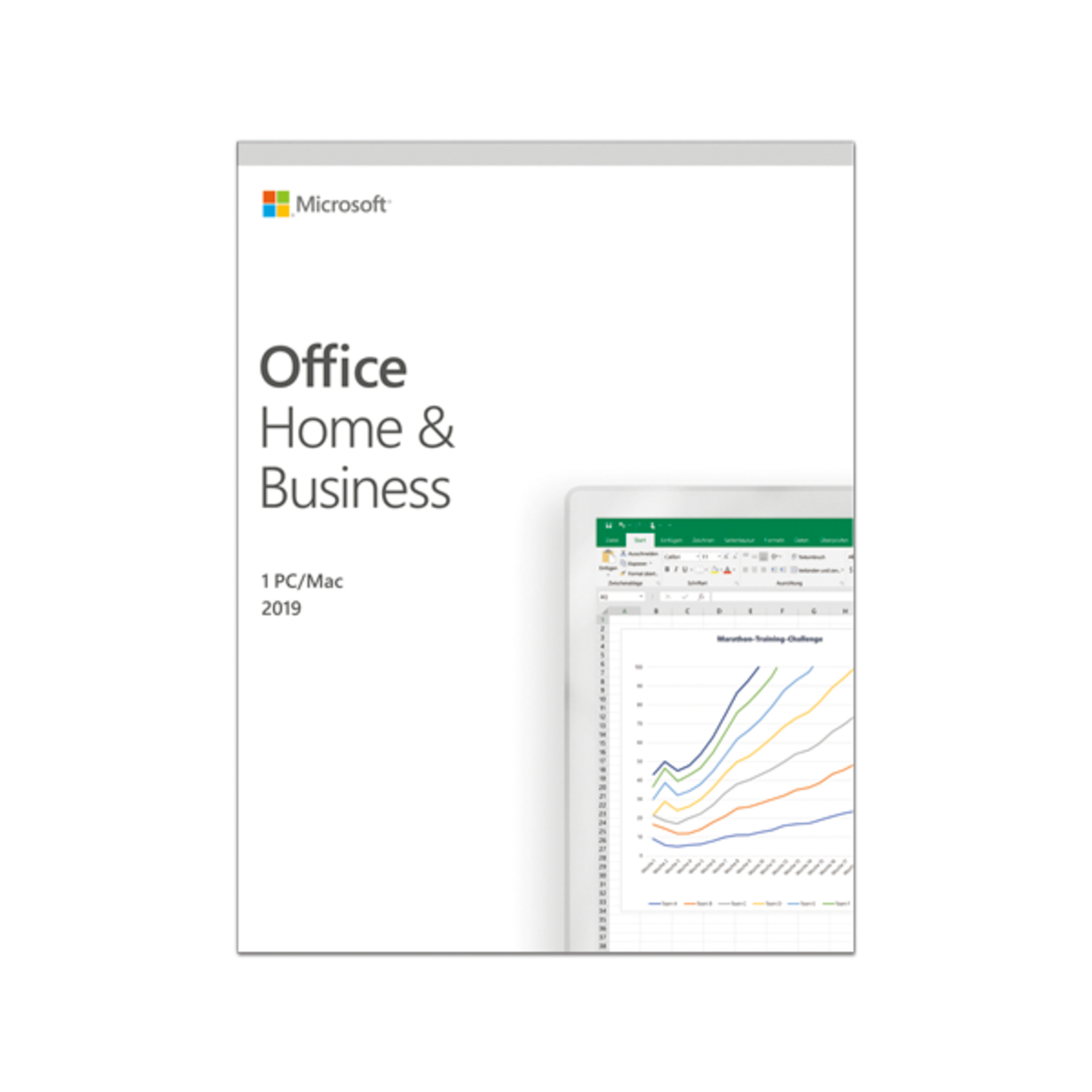 Scatola di Office Home & Business 2019 con schermo di laptop che mostra un grafico.