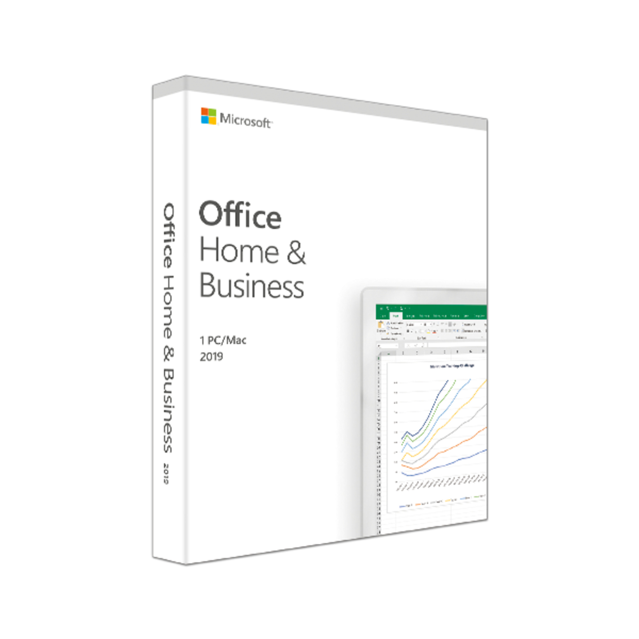 Scatola software Microsoft Office Home & Business bianca. Sfondo bianco. Edizione 2019.