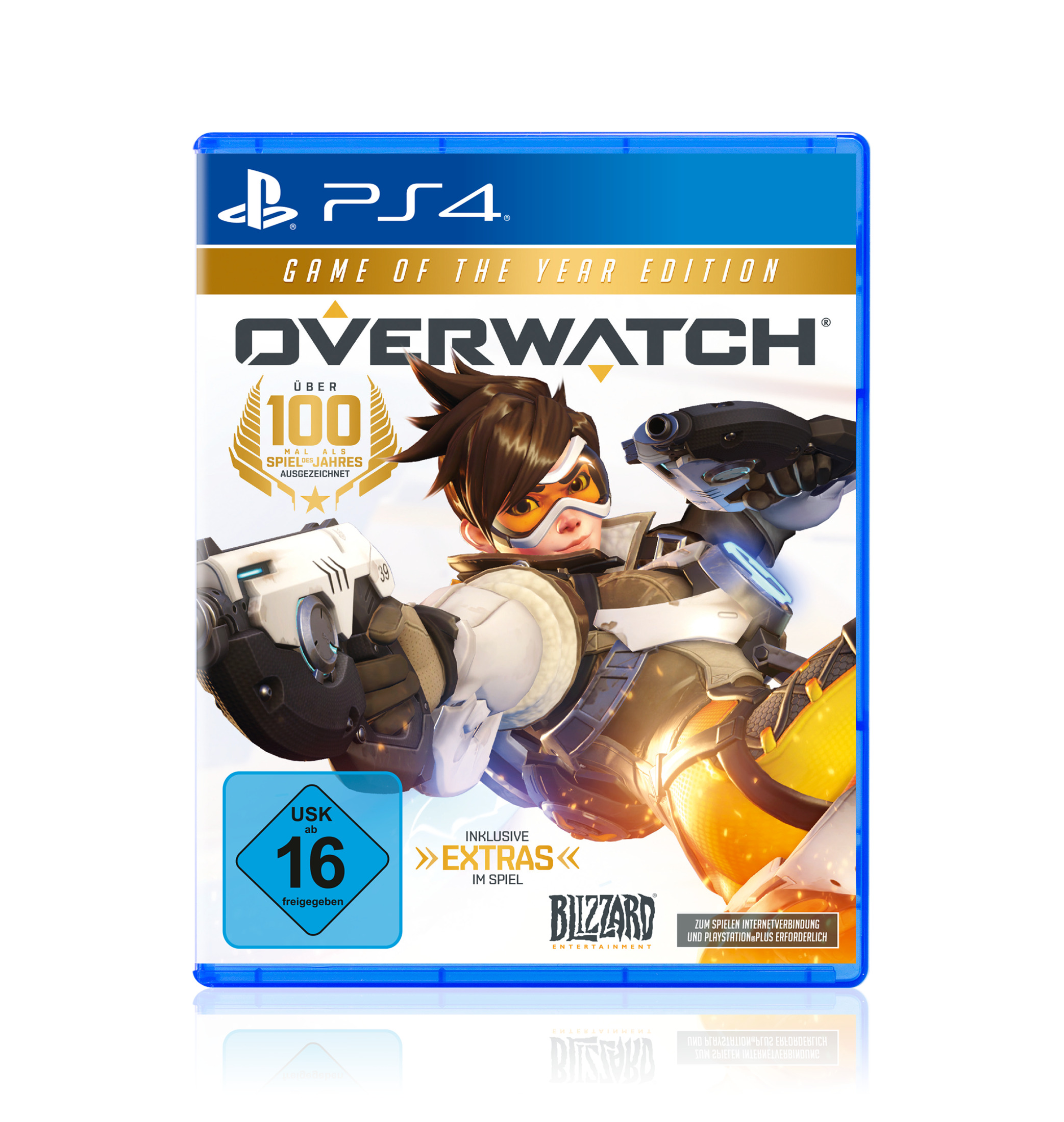 Spielcover für Overwatch. Eine weibliche Figur mit futuristischer Waffe auf weißem Hintergrund.
